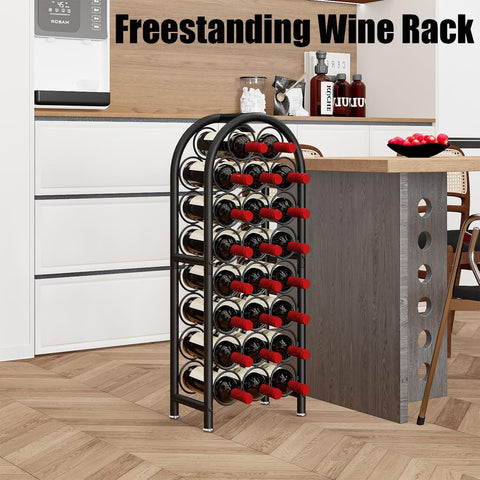 Dazioter wine rack with 23-bottle capacity stores bottles horizontally to keep corks moist.