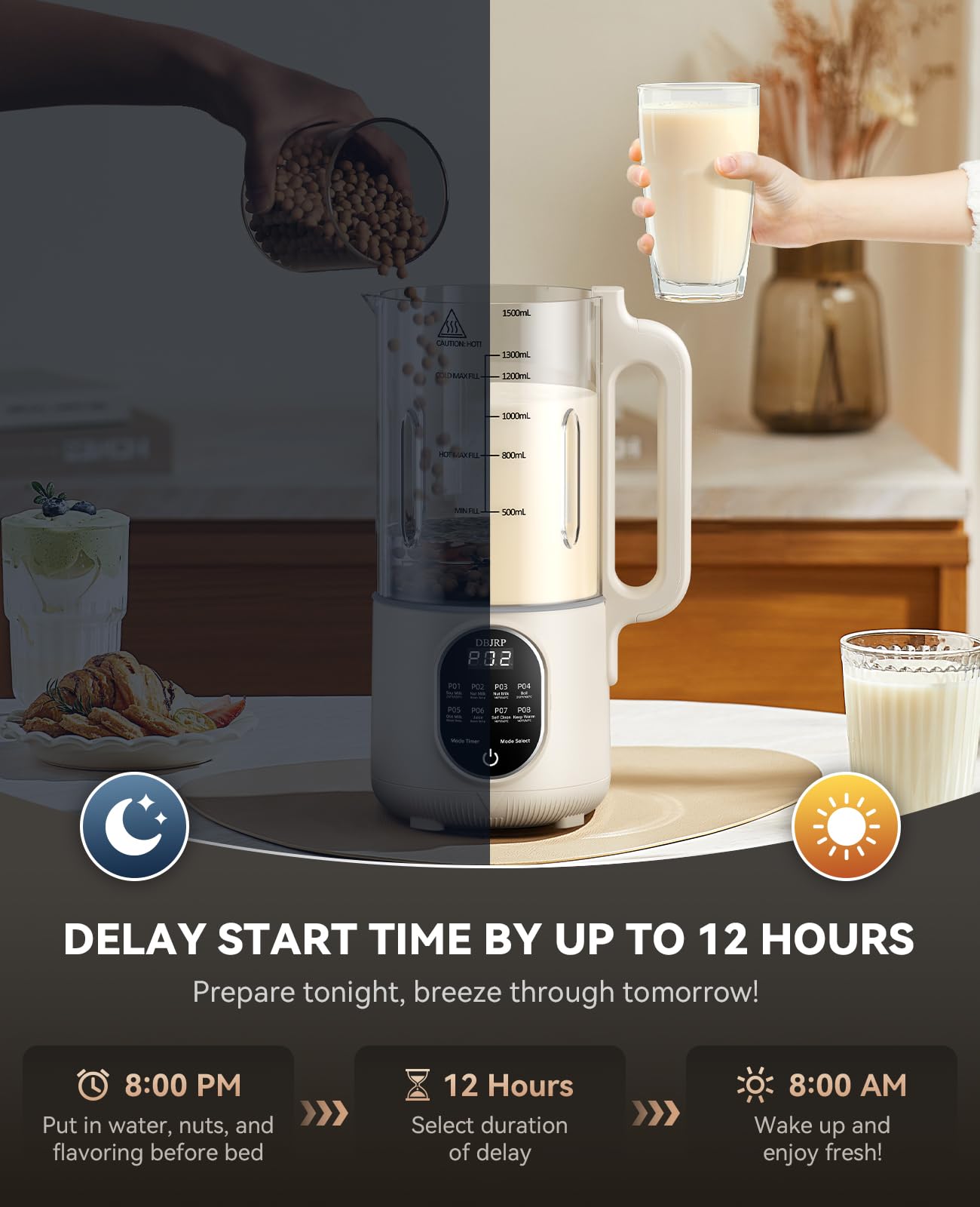 DBJRP 8-in-1 control panel shows versatile options for milks and drinks.