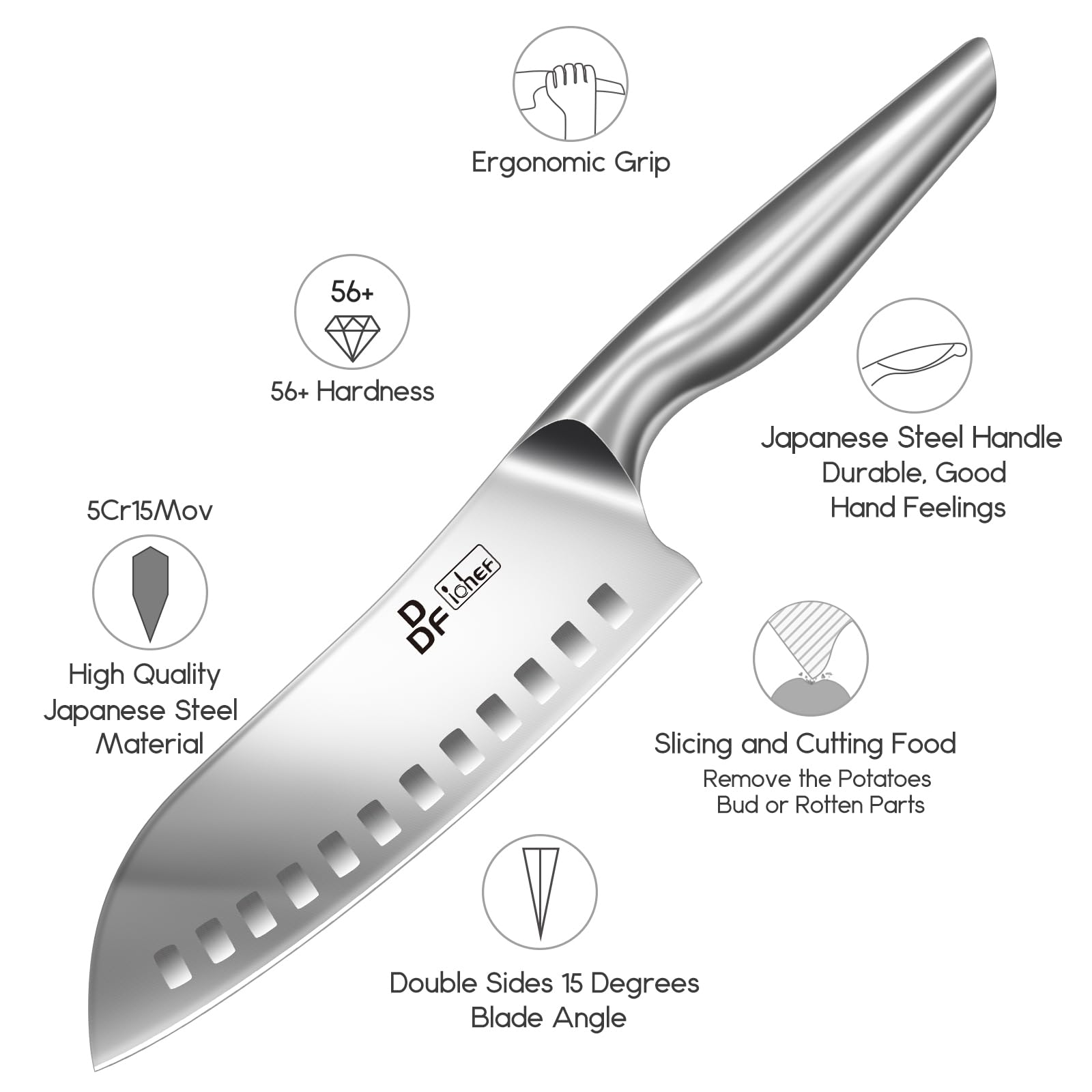 DDF iohEF chef knife double-edged blade suitable for left and right-handed cooks.