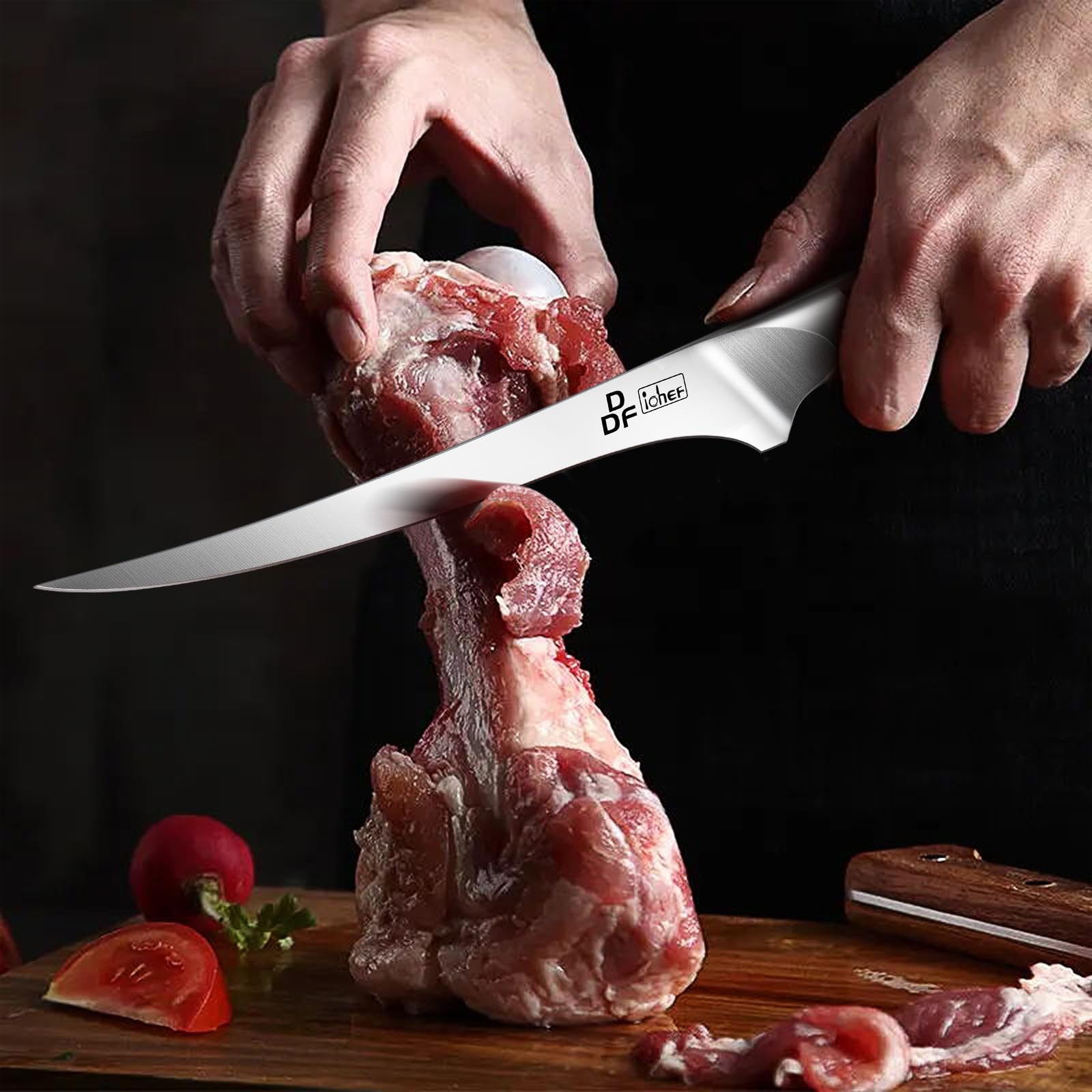 DDF iohEF knife flat edge facilitates bone separation for clean cuts.