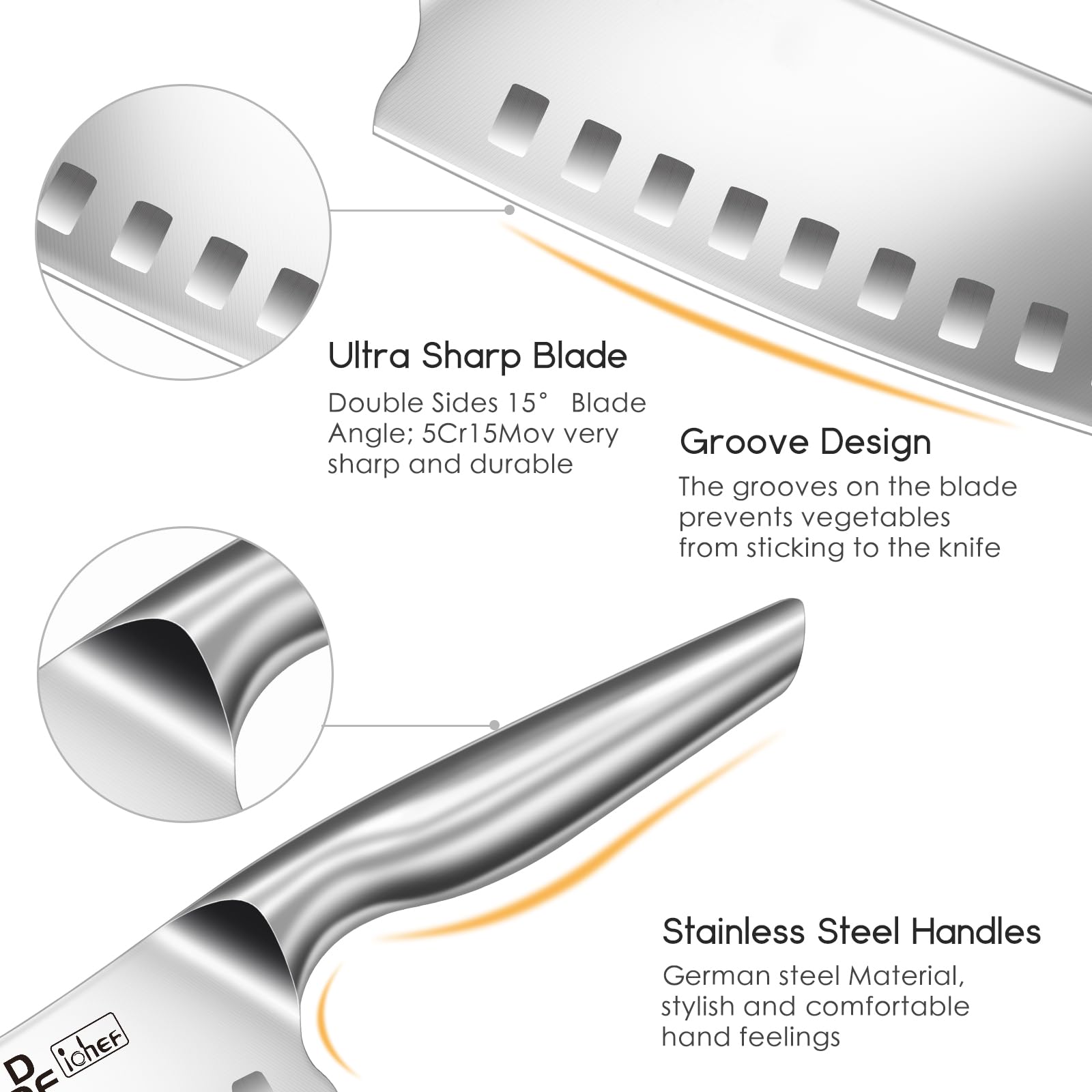 DDF iohEF santoku with ergonomic stainless steel handle for comfortable prep.
