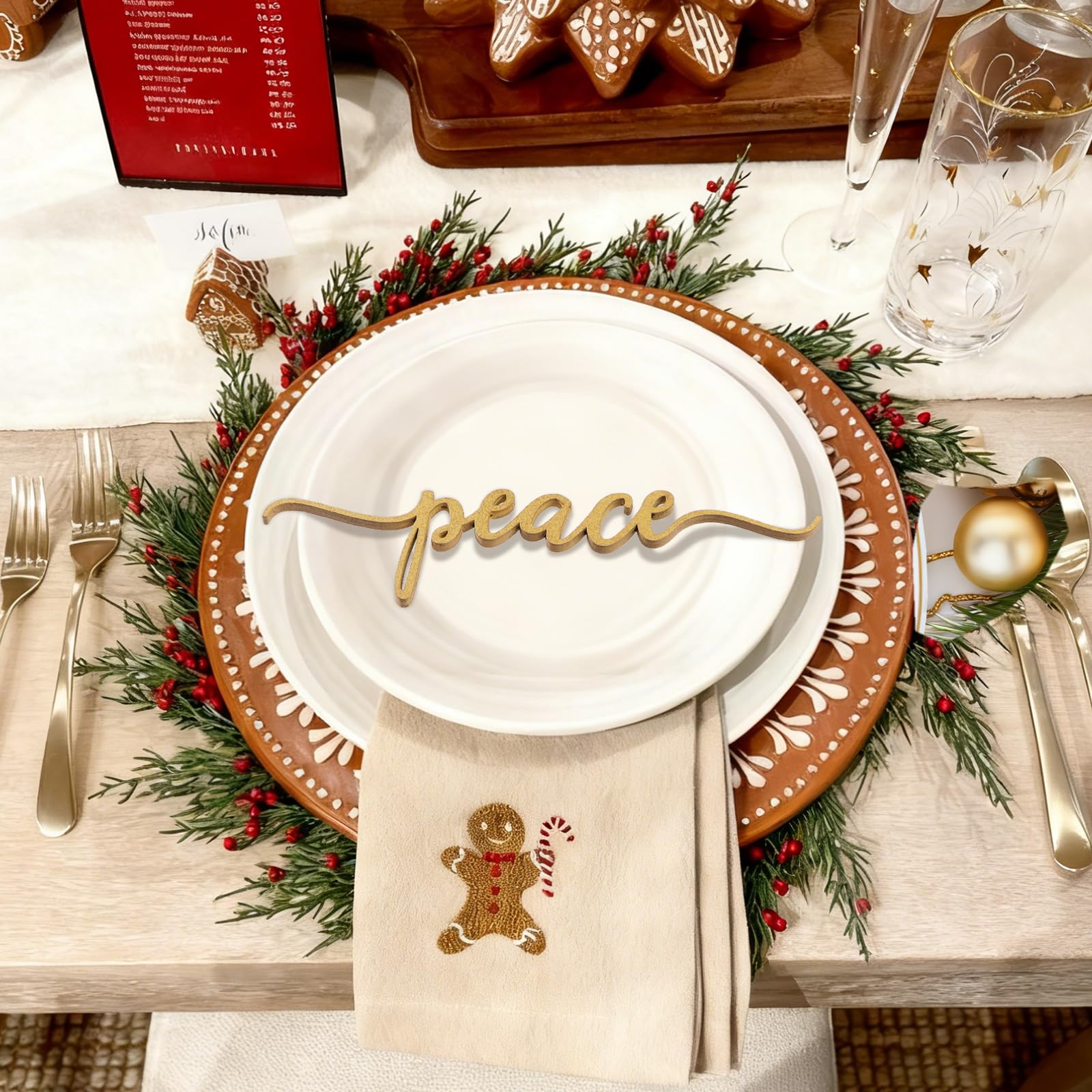 DDLP Peace wood cutout creates a warm glow on dining setups.