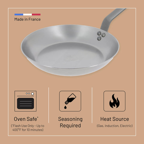 seasoning process of de Buyer MINERAL B pan showing beeswax removal and oil coating
