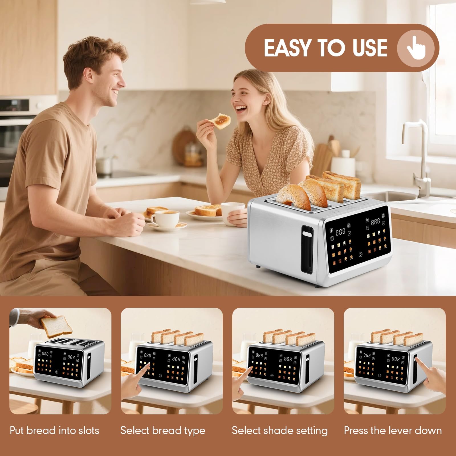 Dear Morning toaster with ErgoView LCD display for precise browning selection.