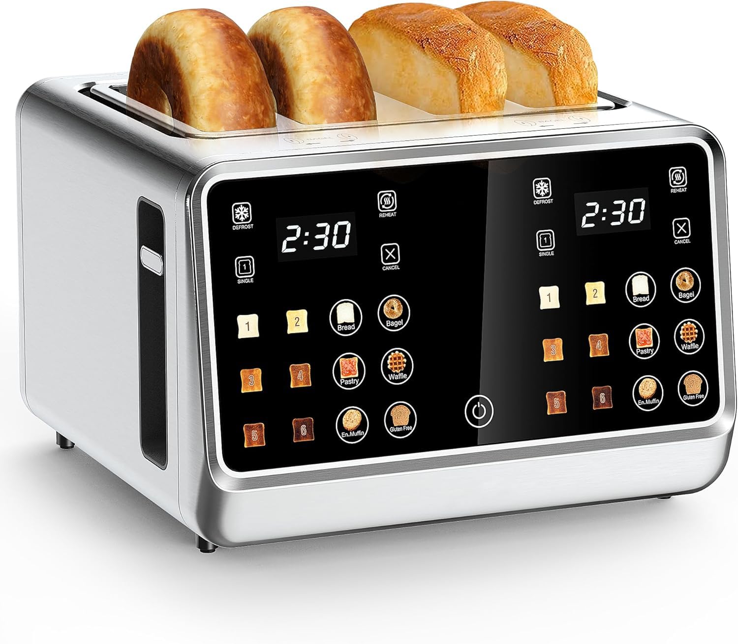 Dear Morning 4-Slice Toaster TiltControl touch-screen interface for easy standing operation.
