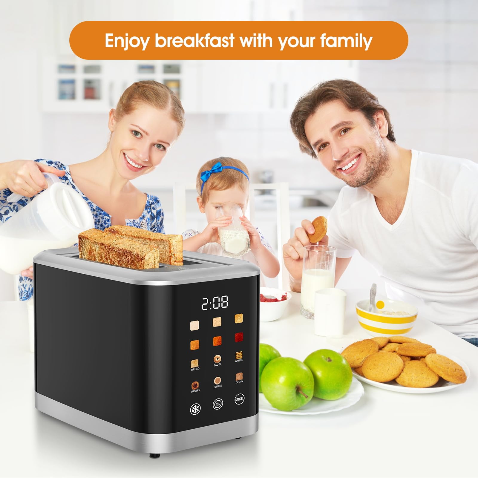 Dear Morning digital timer toaster shown with side controls and LCD interface