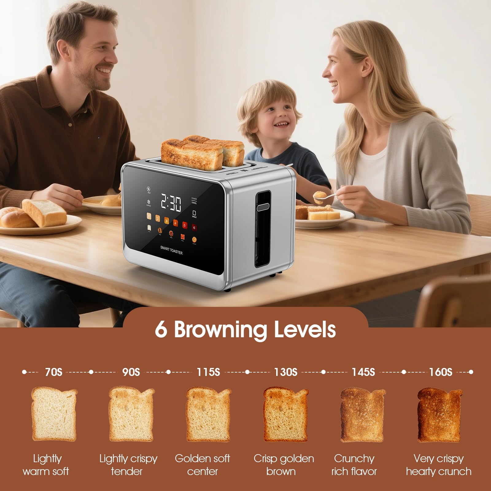 Dear Morning toaster control panel shows an intuitive touchscreen for quick toasting.