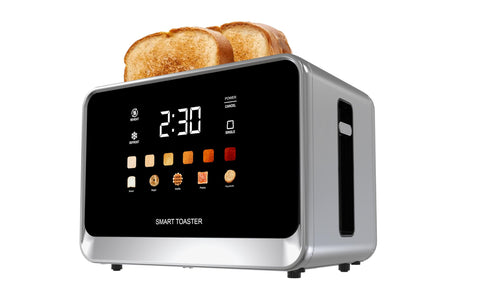 Dear Morning toaster front view highlights sleek stainless steel for a stylish kitchen.