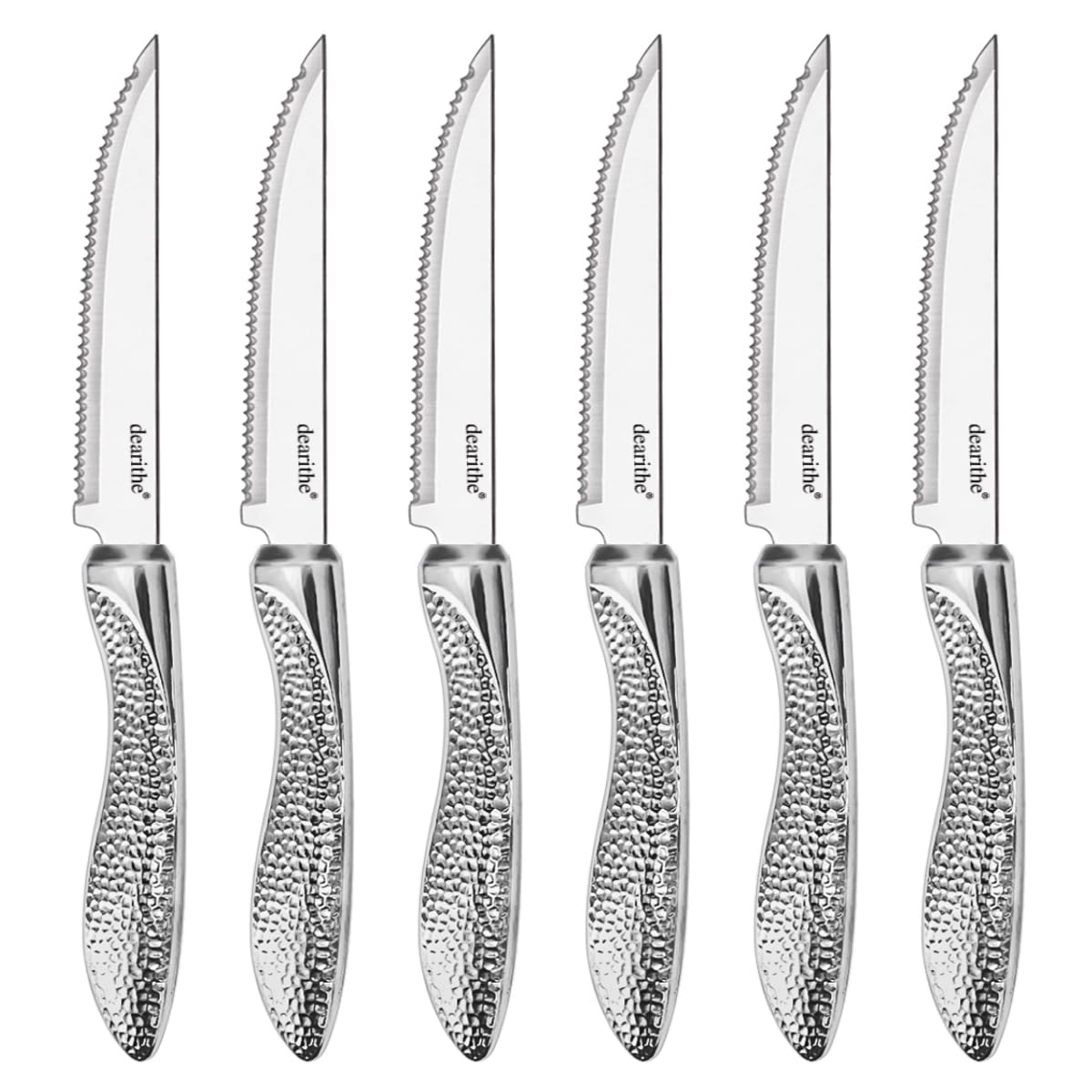 dearithe steak knives 6pc stainless serrated blades for clean, effortless cuts at home