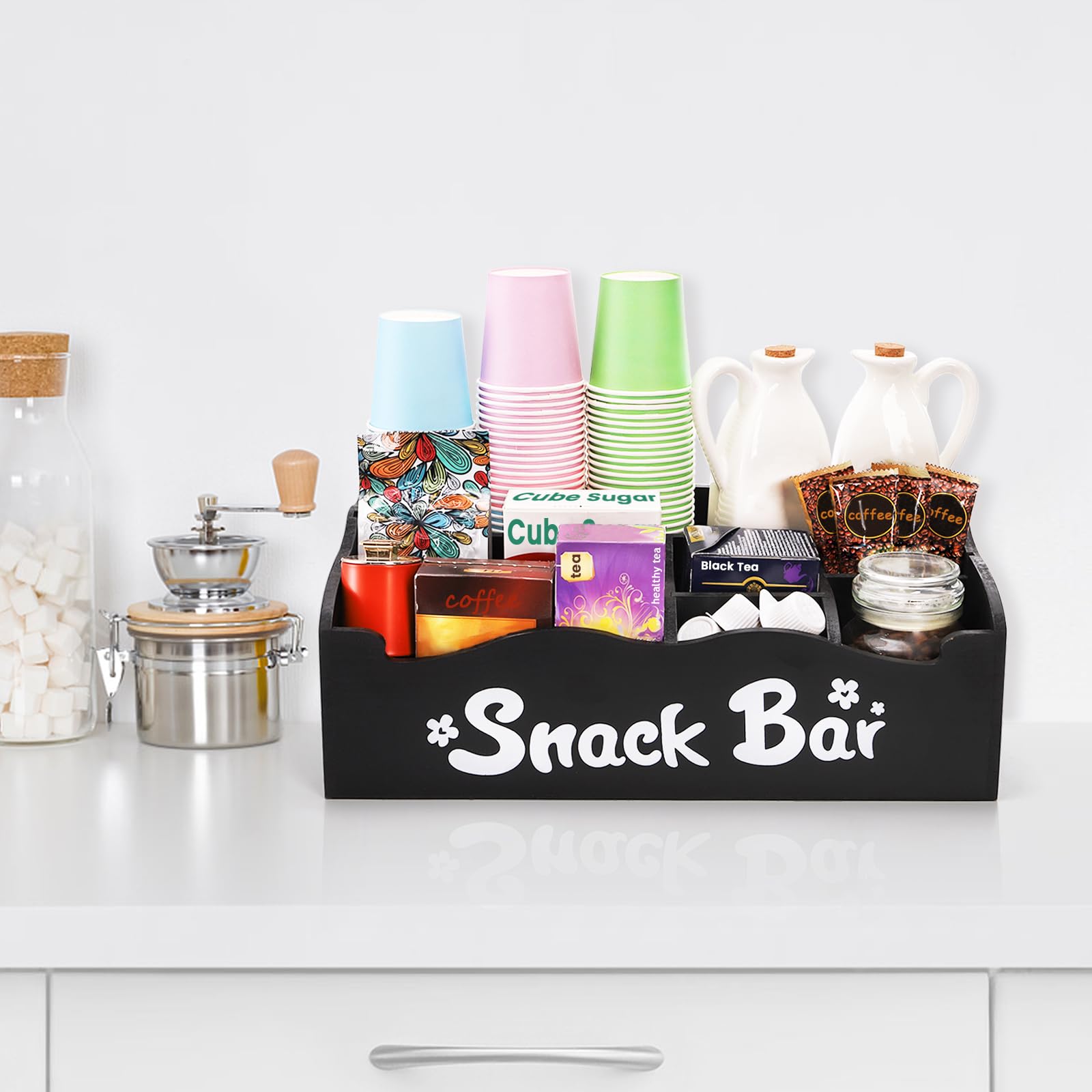 DEAYOU counter organizer fits pantry, coffee bar, or living room setups.