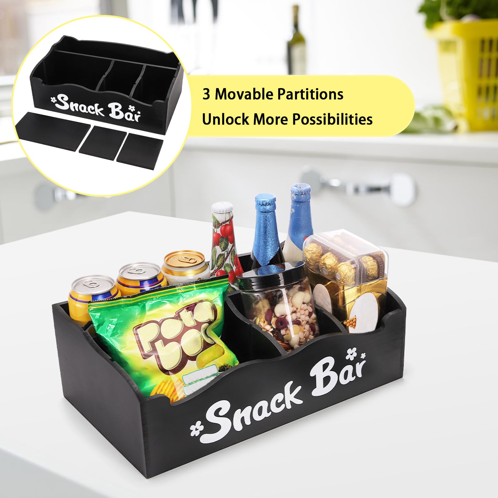 DEAYOU rustic black finish enhances kitchen decor while organizing snacks.