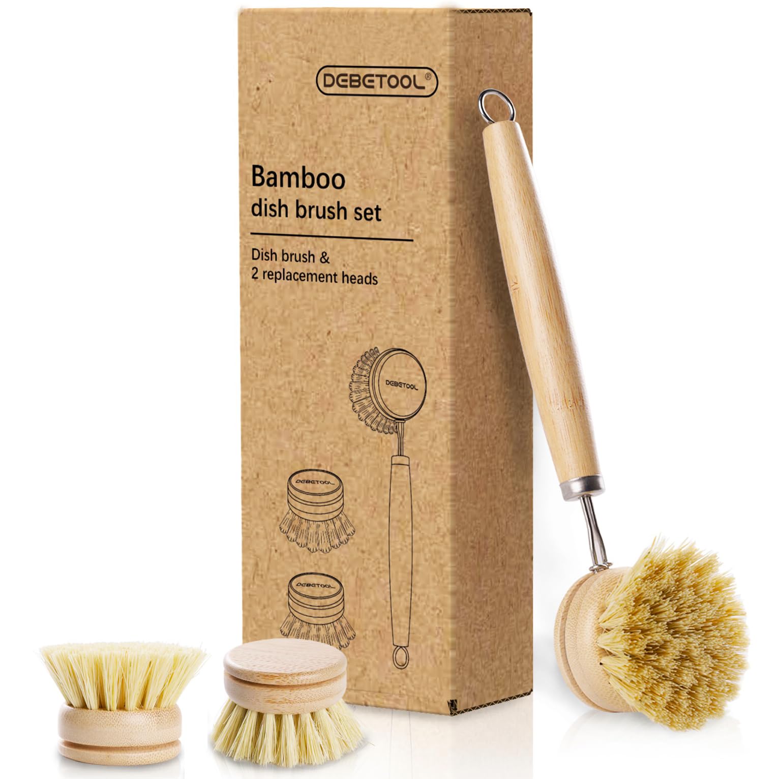 DEBETOOL bamboo pot dish brush close-up with ergonomic handle for easy scrubbing.