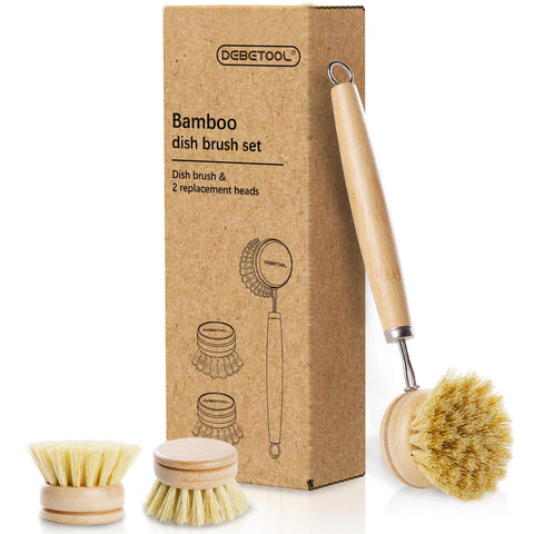 DEBETOOL bamboo pot dish brush close-up with ergonomic handle for easy scrubbing.