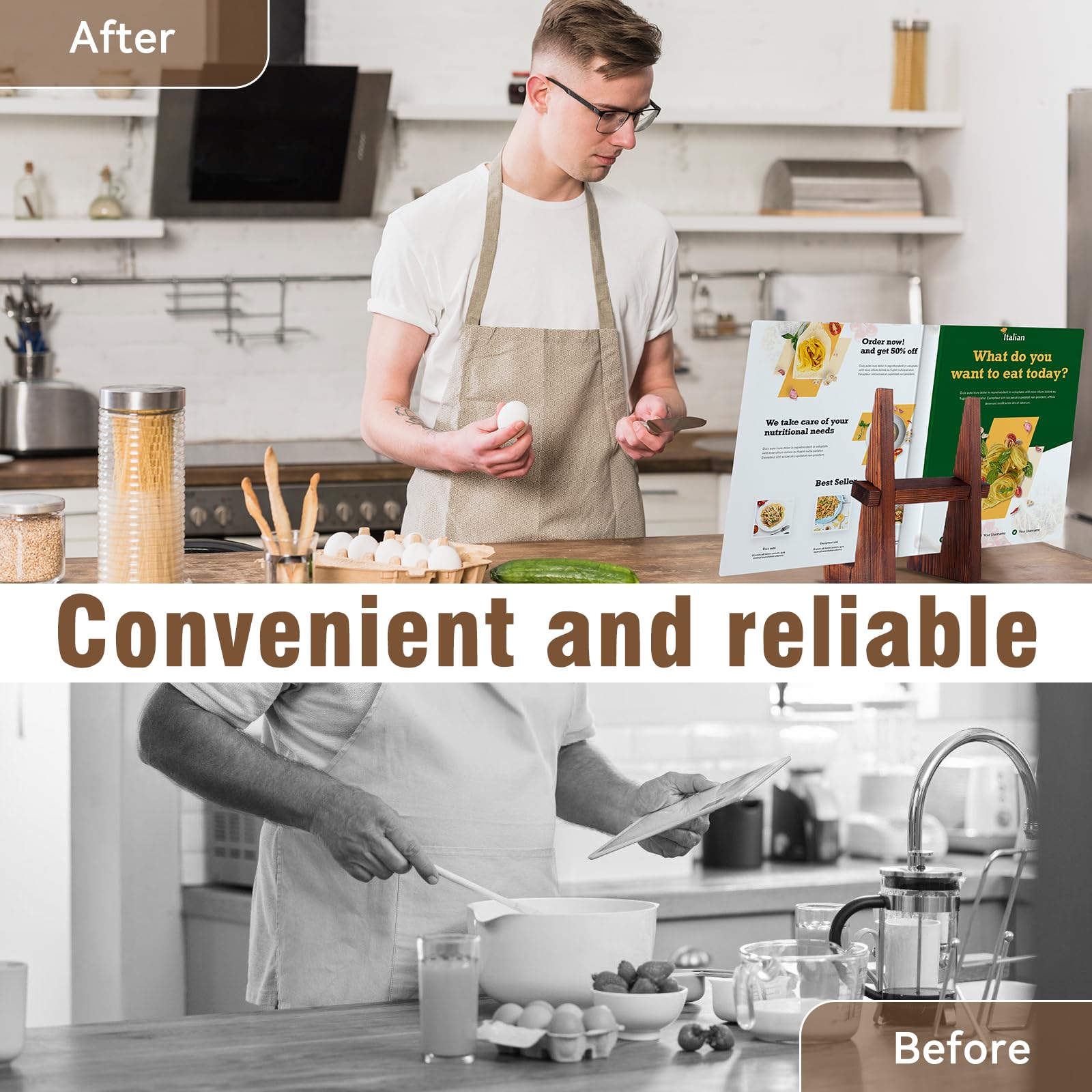 DEBETOOL cookbook stand hand-polished-edges add a sleek, elegant touch to any kitchen.
