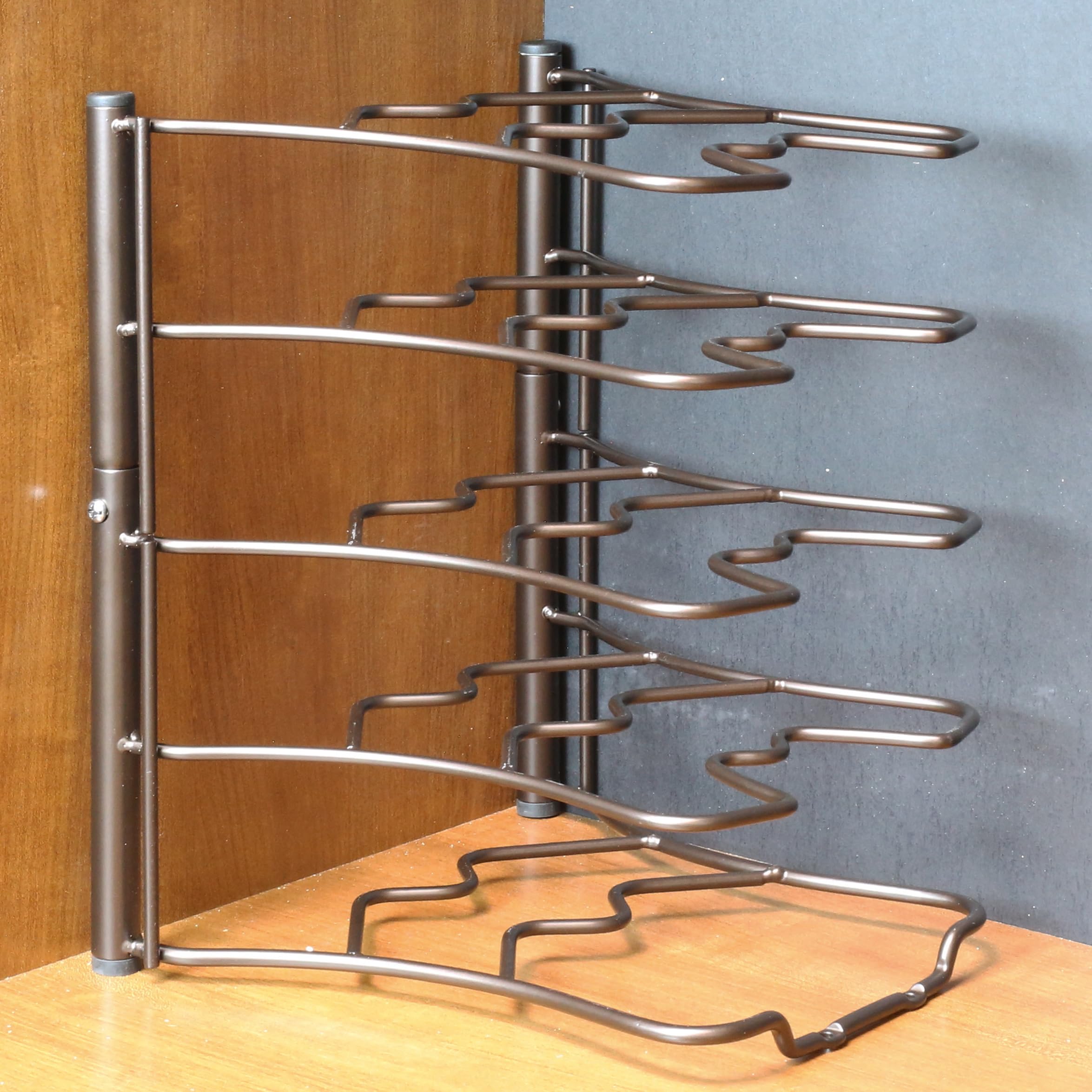 Deco Brothers bronze pan-organizer shows compact 9 W x 9.5 D x 12 H footprint
