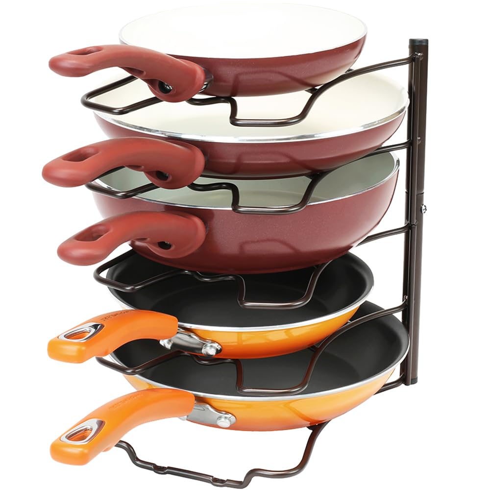 Deco Brothers bronze pan-stack organizer keeps pans neatly stored for easy access