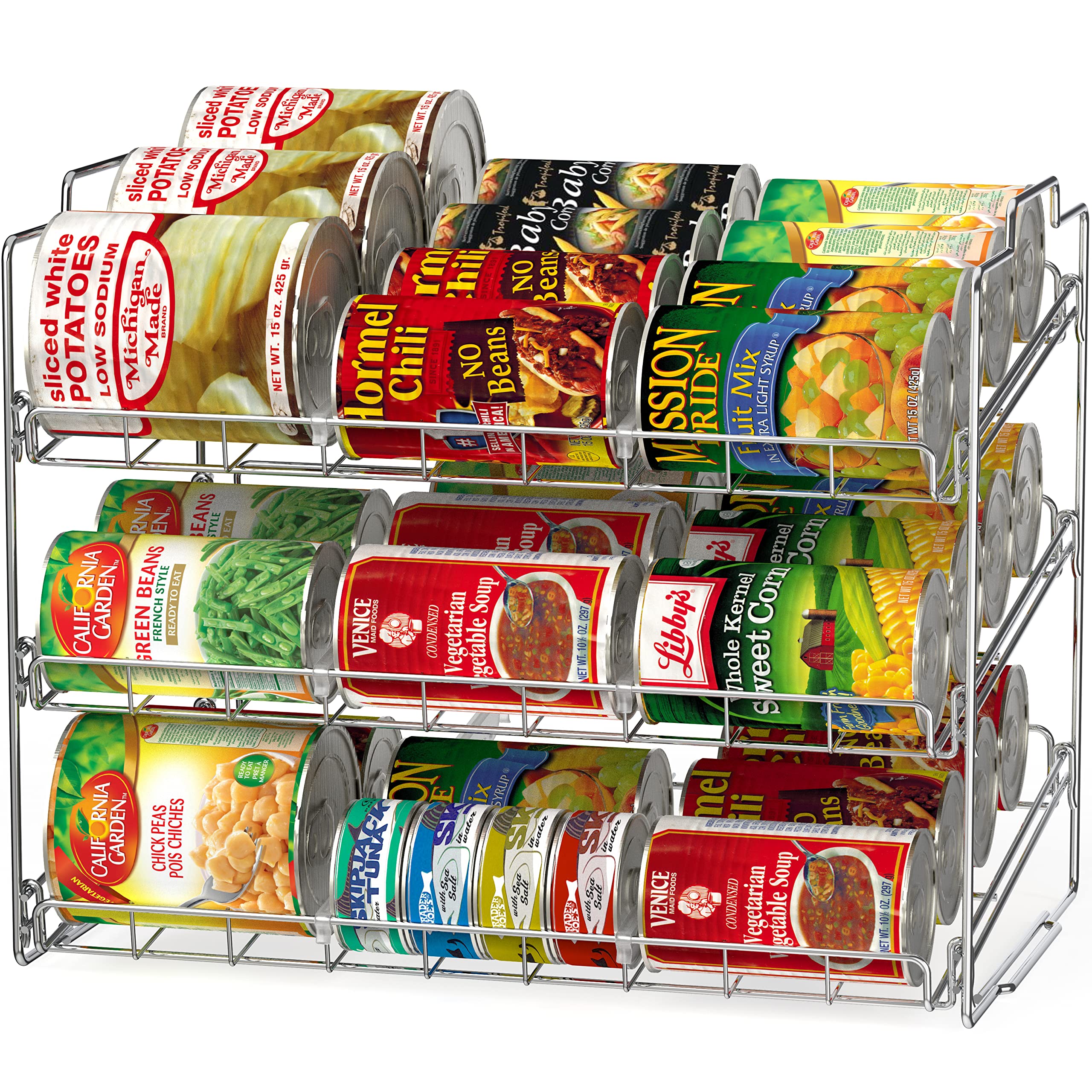Deco Brothers chrome stackable can rack demonstrates efficient pantry organization.