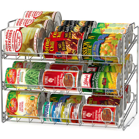 Deco Brothers chrome stackable can rack demonstrates efficient pantry organization.