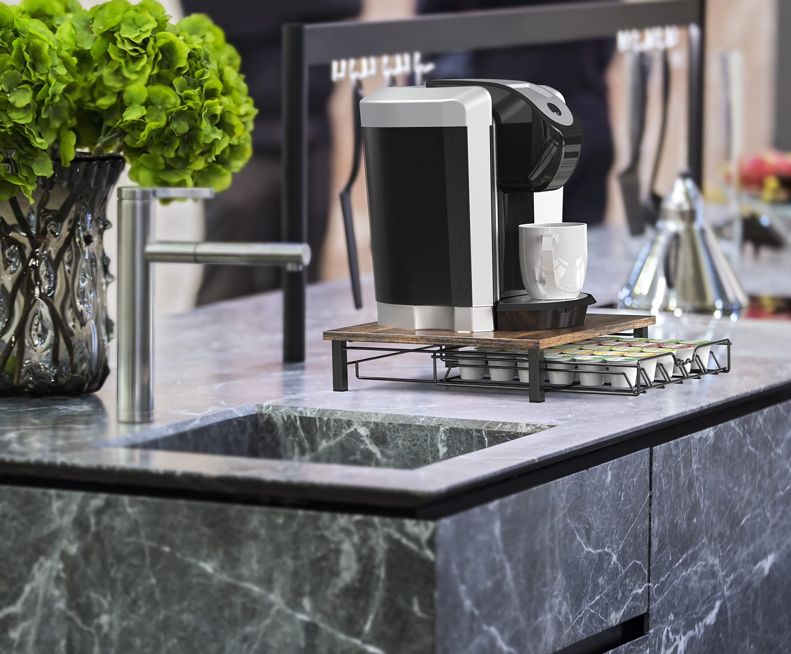 Deco Brothers K-Cup Holder Drawer placed under a Keurig for space savings