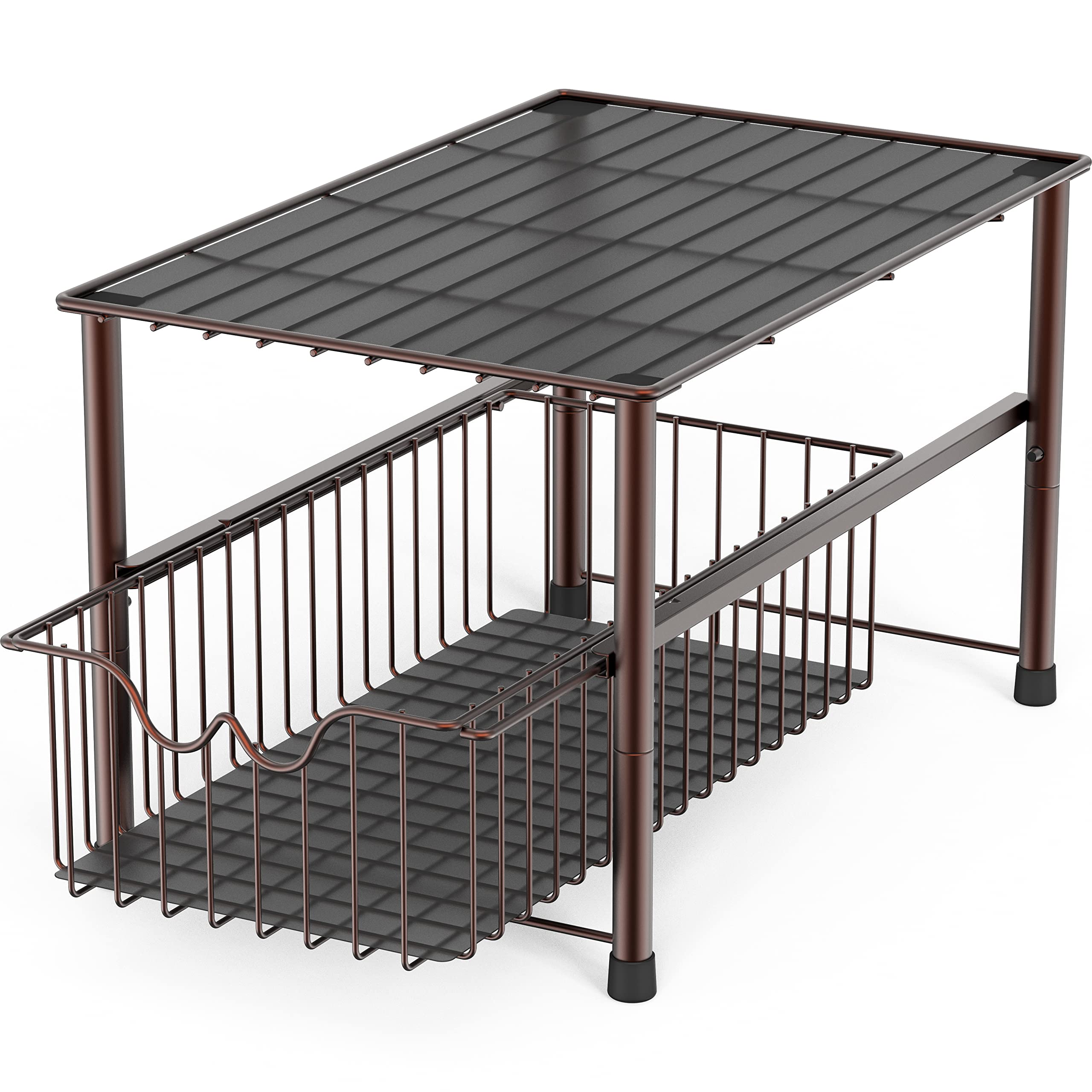 Deco Brothers bronze under-sink organizer with sliding basket, front view, easy access to items.