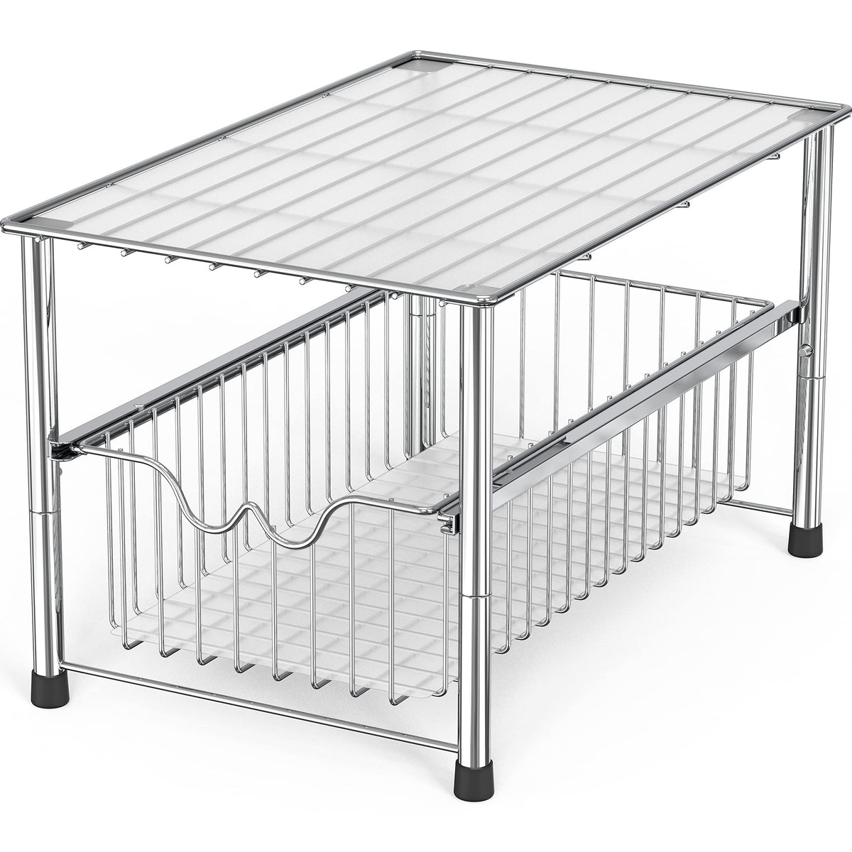 Deco Brothers chrome stackable under-sink organizer front view for easy access