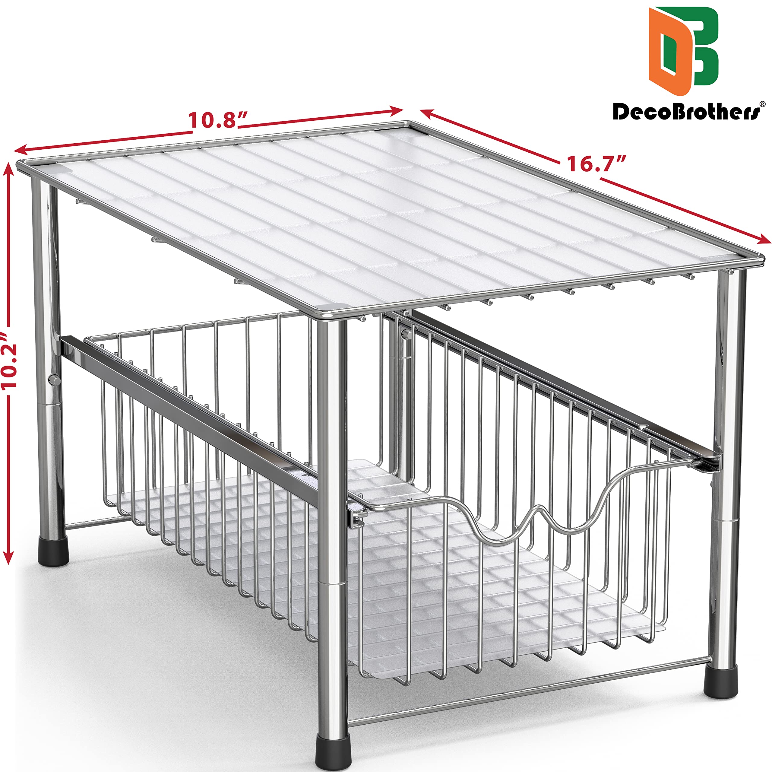 Deco Brothers chrome under-sink organizer side view highlights sturdy metal construction