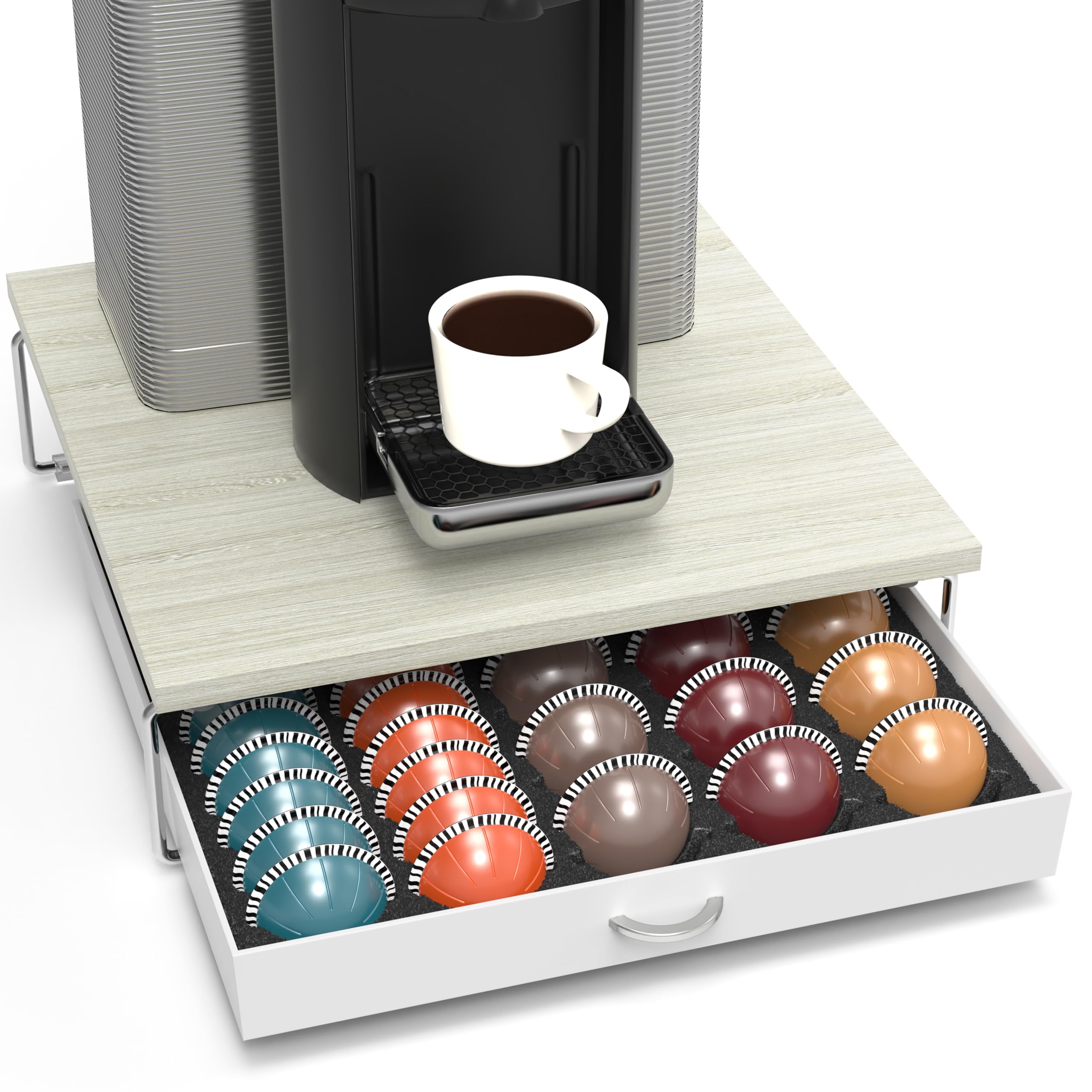 DecoBrothers Vertuoline drawer in maple showing full pod storage for 30 large or 60 small pods