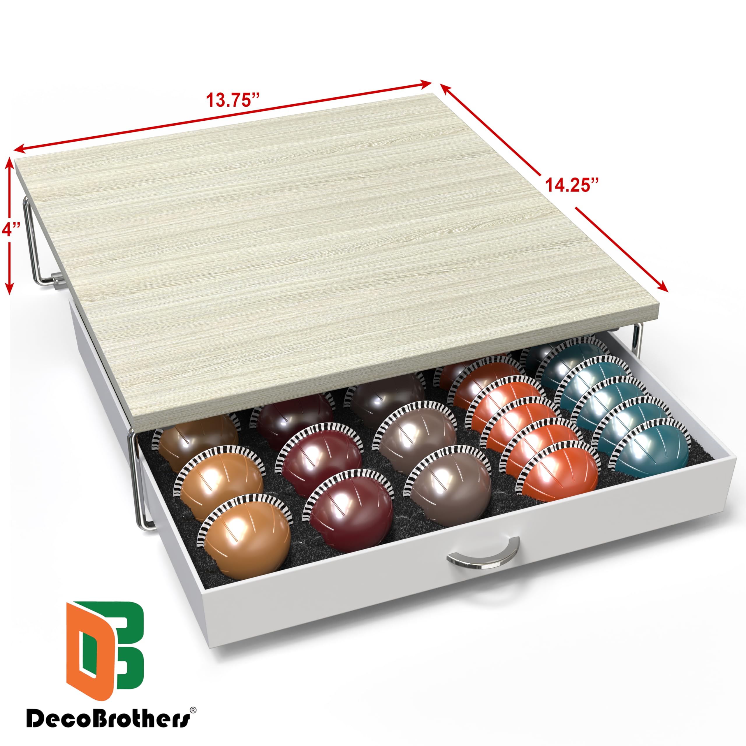 DecoBrothers Vertuoline drawer tucked under coffee machine saves counter space