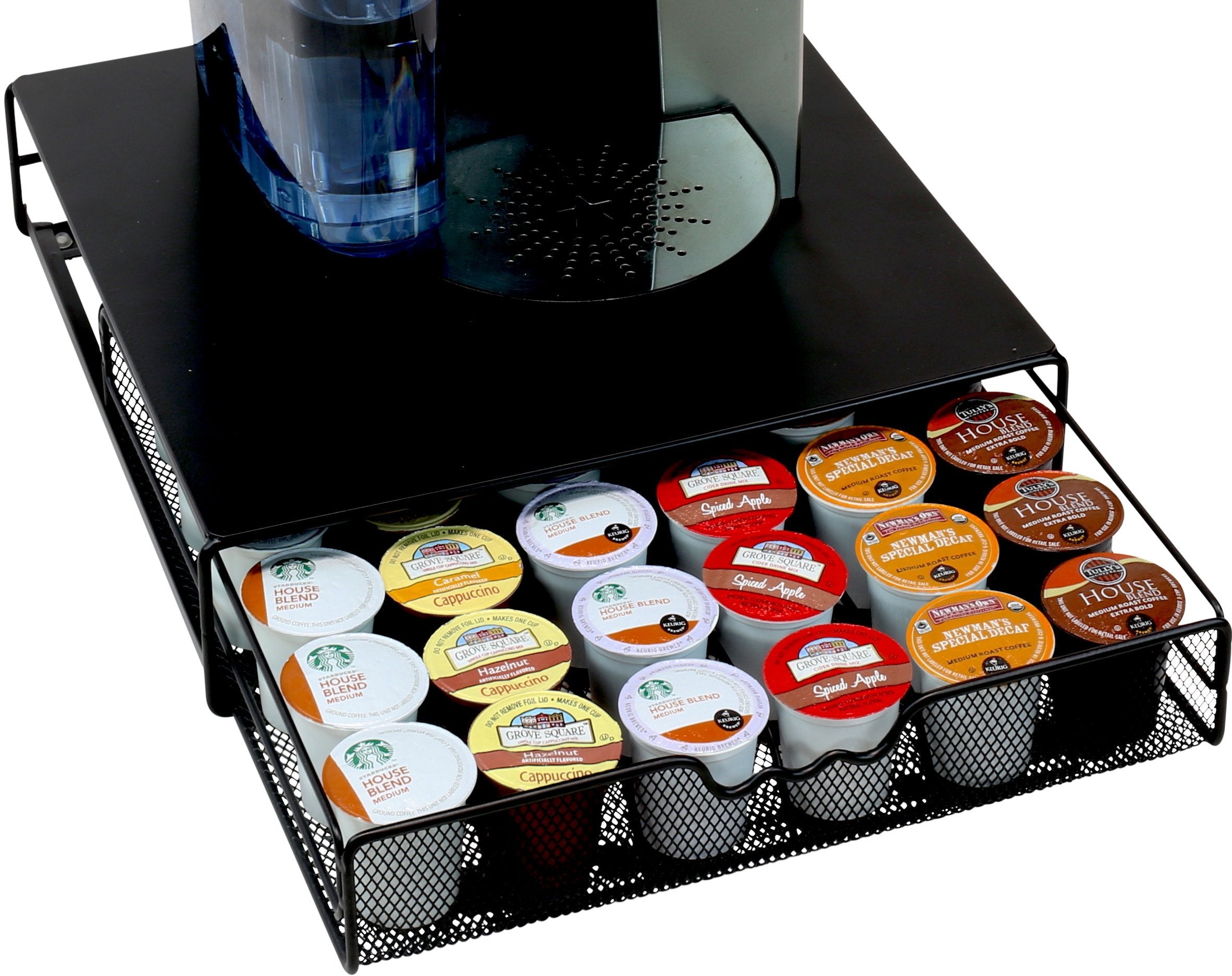 DecoBrothers under Keurig, black finish saves counter space.