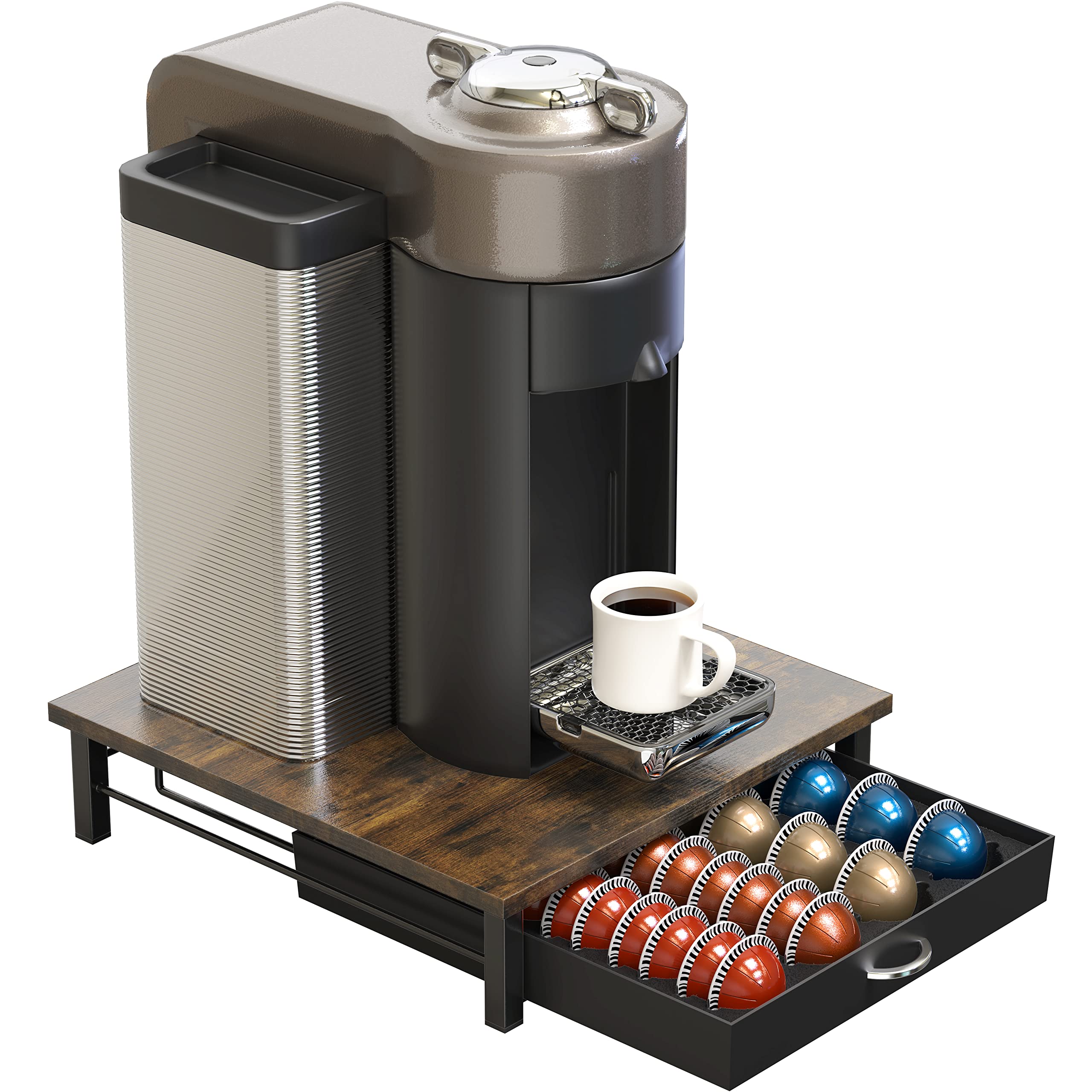 Deco Brothers Under-machine storage drawer keeps coffee essentials within reach.
