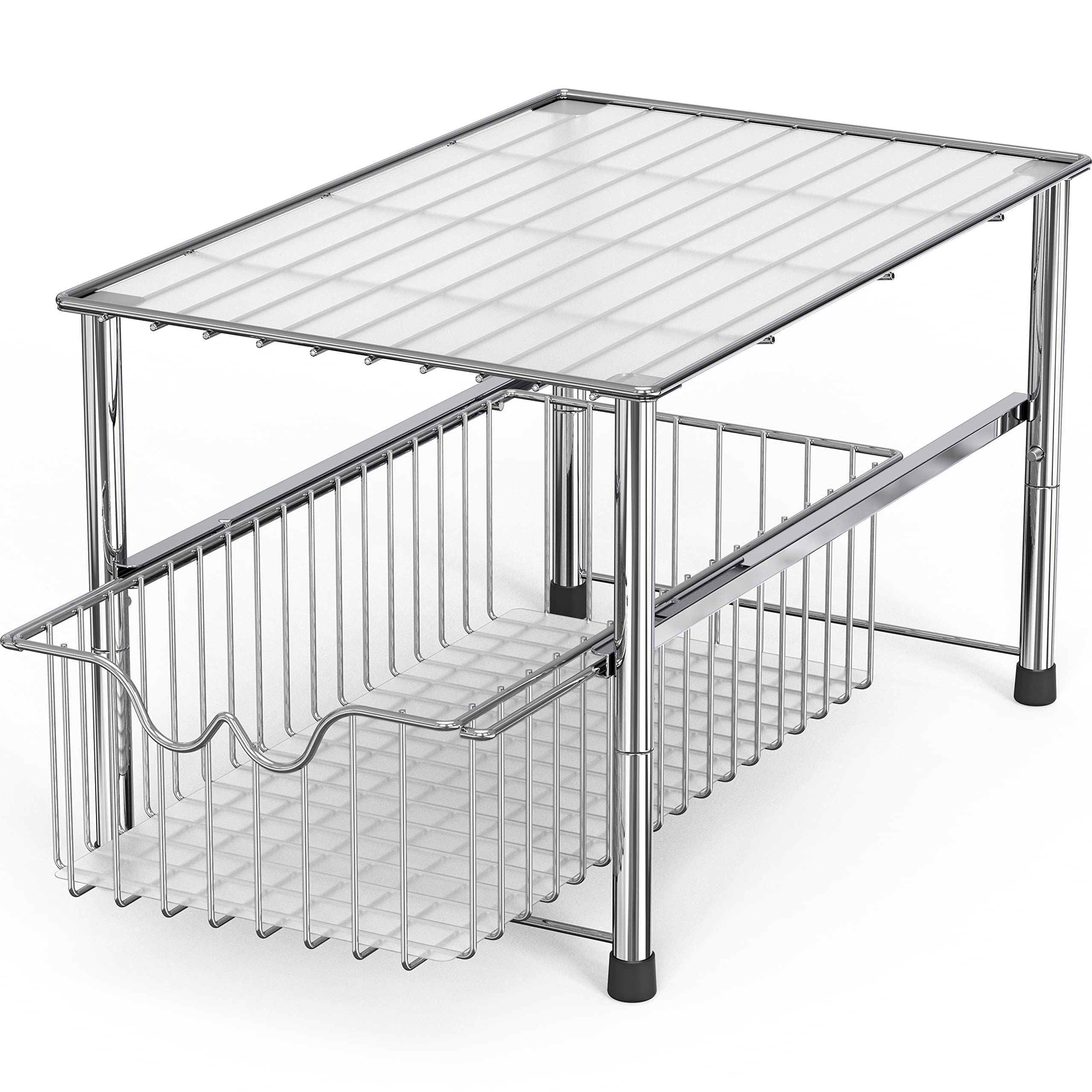 Deco Brothers under-sink organizer in use with sliding basket saves space and improves reach