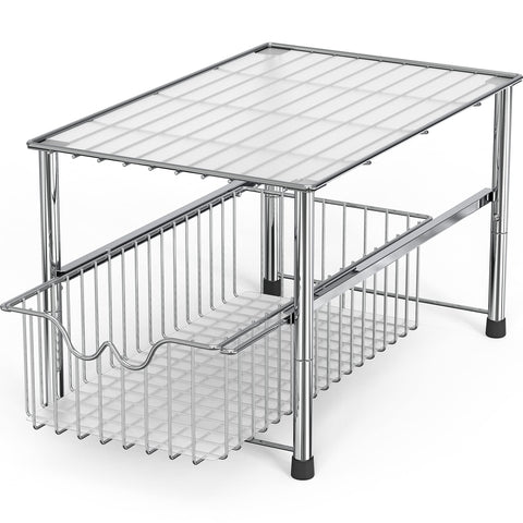 Deco Brothers under-sink organizer in use with sliding basket saves space and improves reach