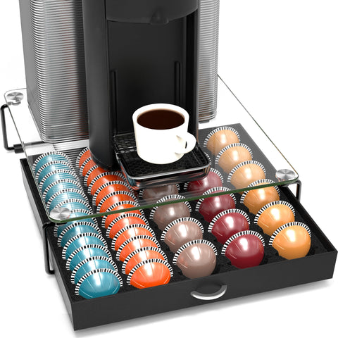 Deco Brothers Vertuo drawer with crystal glass front keeps pods neatly organized and accessible.