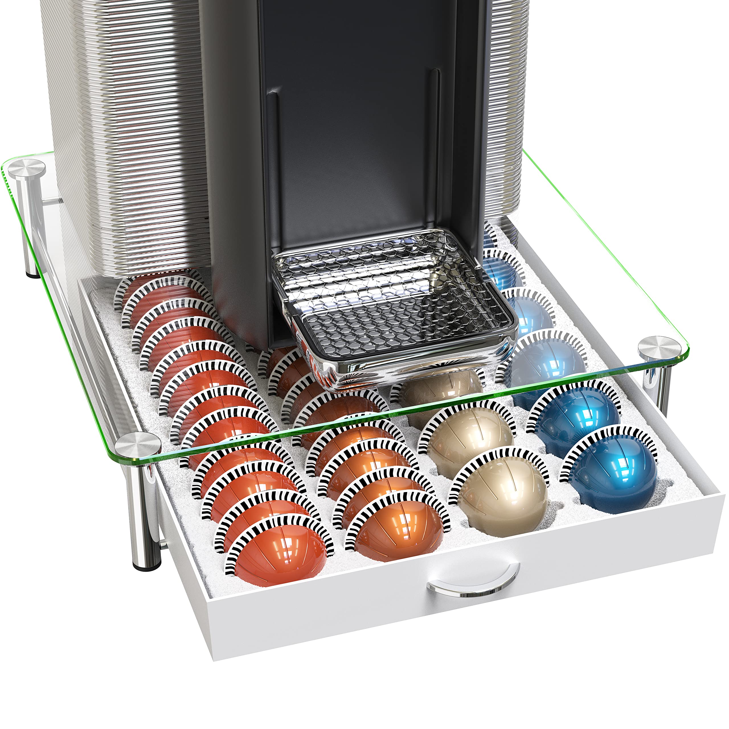 Deco Brothers Vertuo drawer front view showing organized capsules