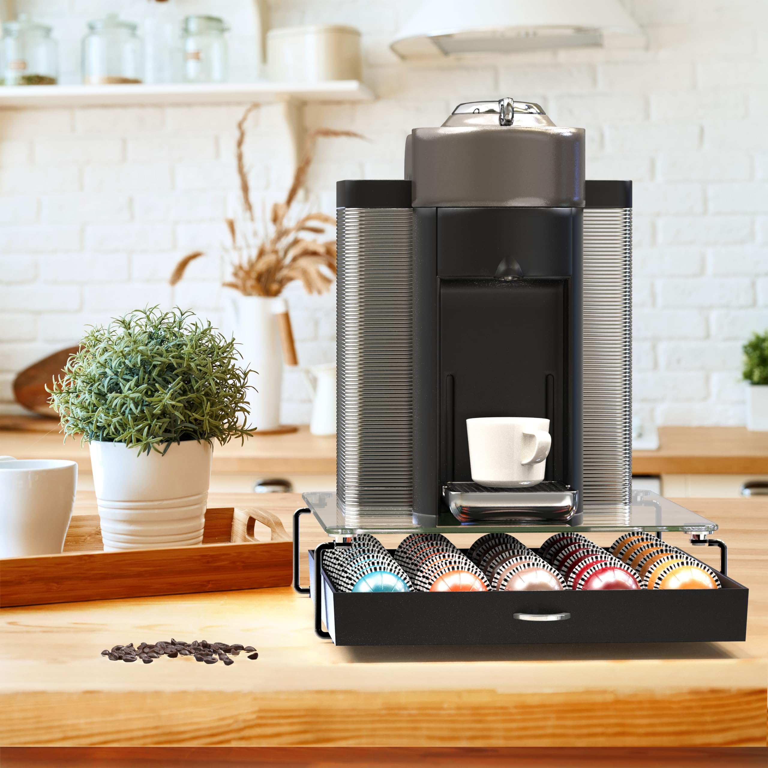 Open sliding drawer design for quick pod selection and easy refills.