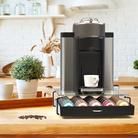 Open sliding drawer design for quick pod selection and easy refills.