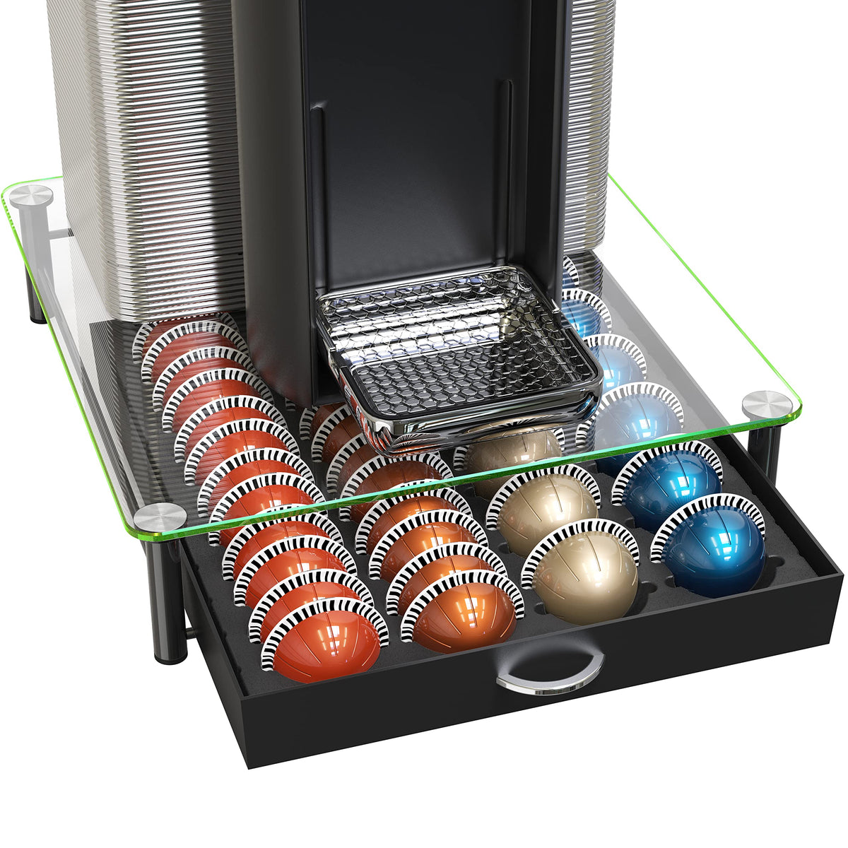 DecoBrothers Vertuo pod drawer stores 24 large capsules for easy access.