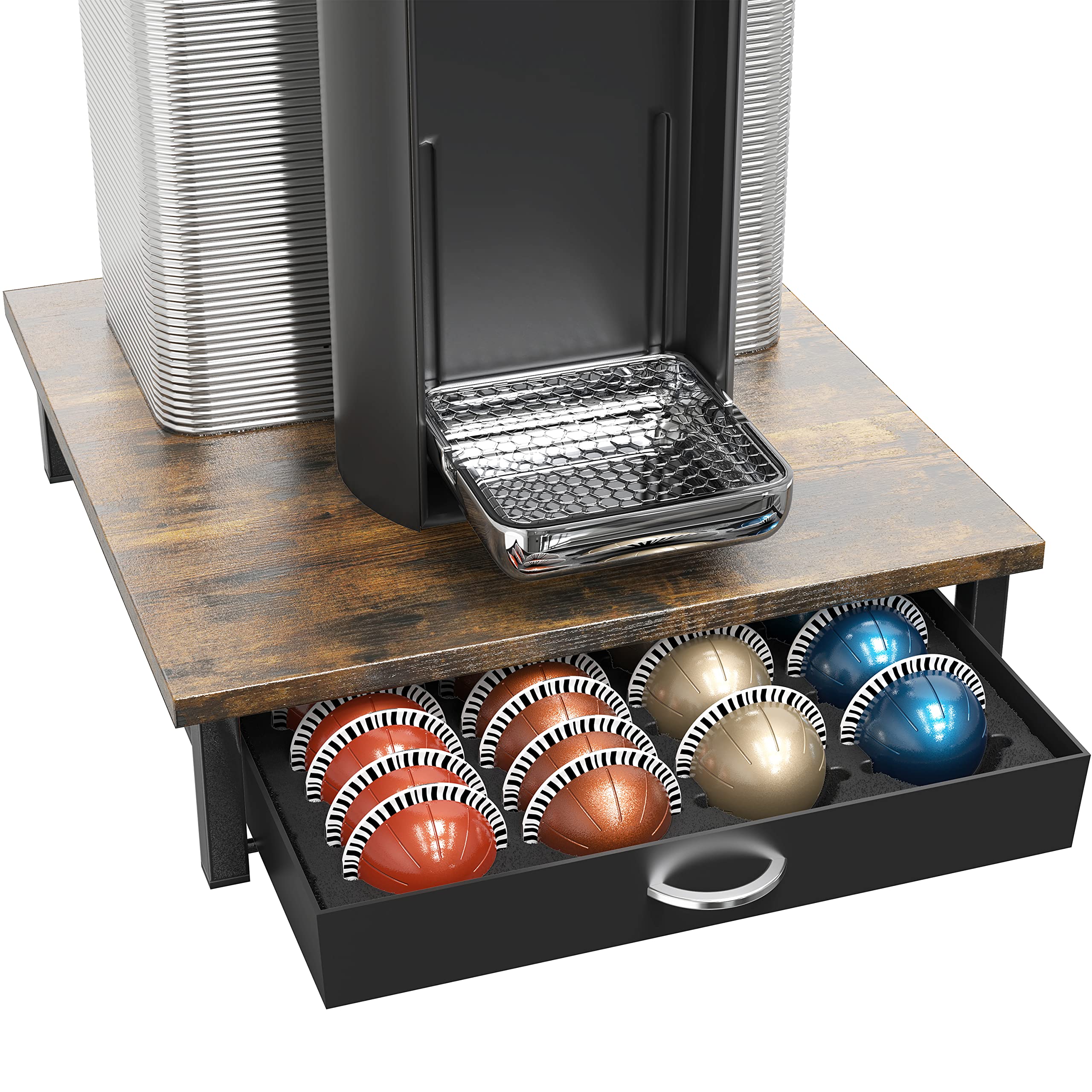 Deco Brothers Vertuo Pod Drawer under-counter design keeps large pods organized.