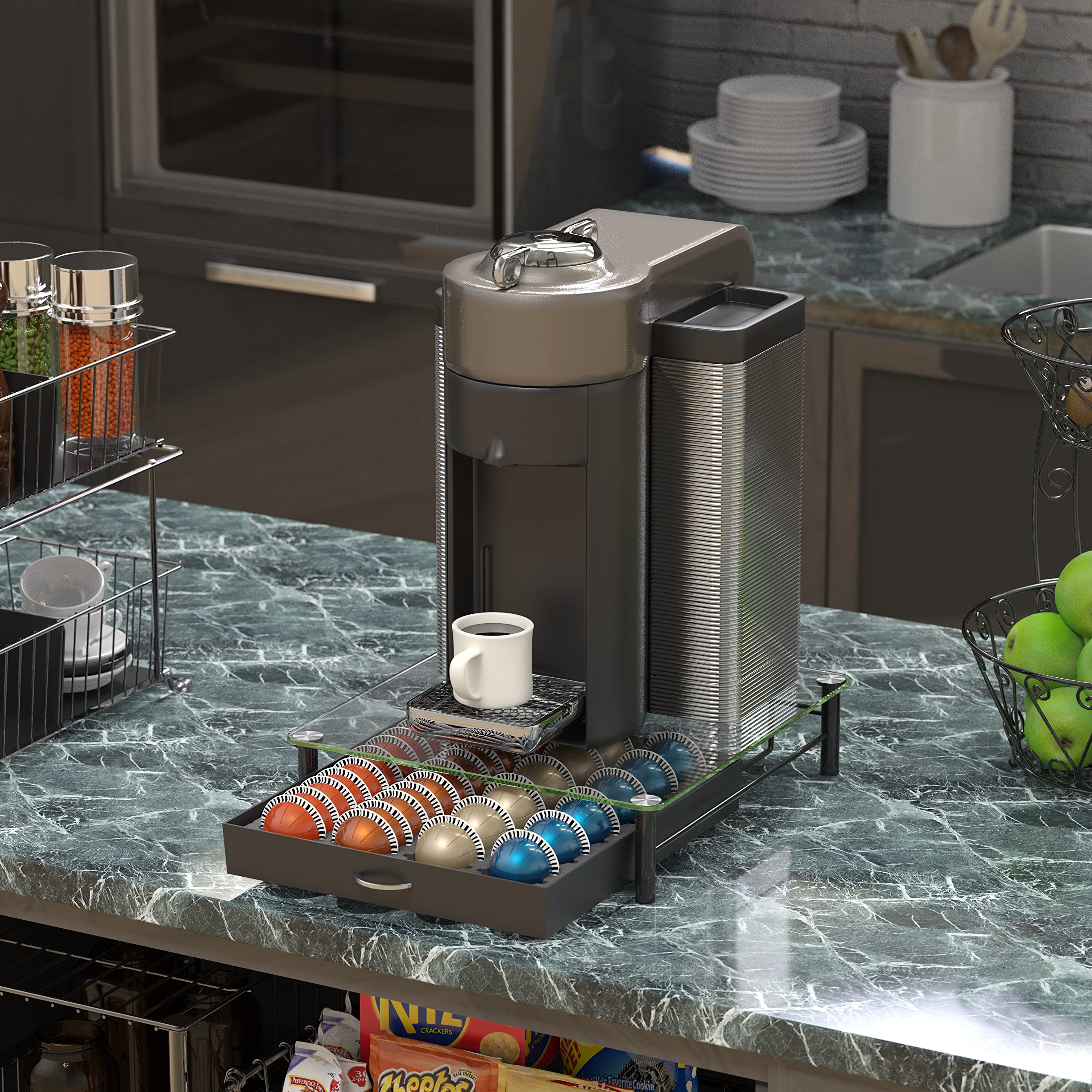 DecoBrothers Vertuo pod organizer holds 48 small capsules to save counter space.