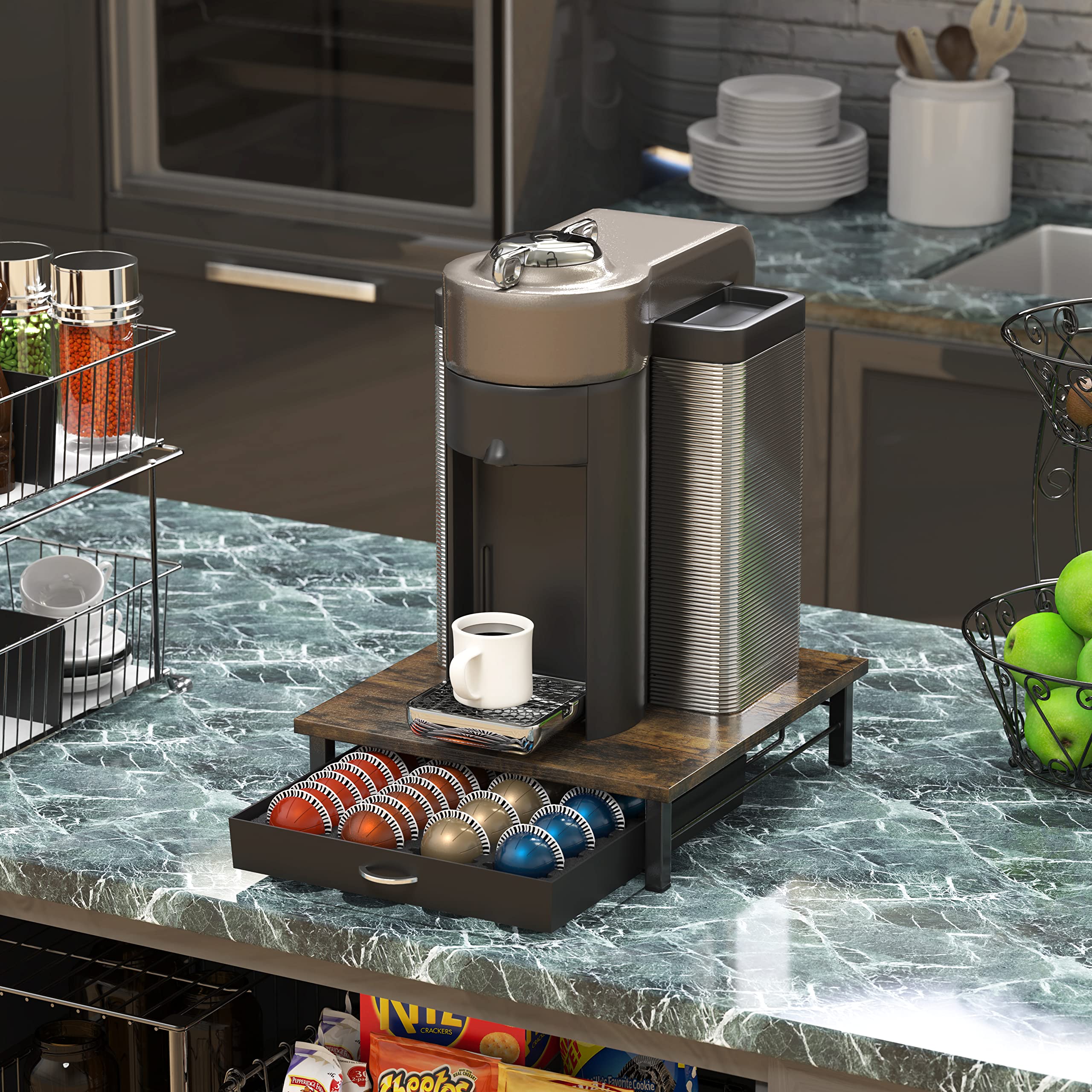 Deco Brothers Vertuo Pod Organizer fits under the machine for space-saving storage.