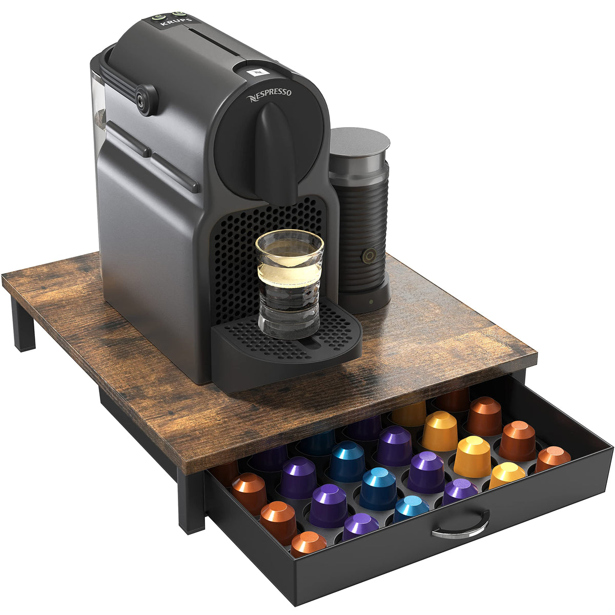 Deco Brothers wooden pod drawer front view with rustic finish and organized capsules.