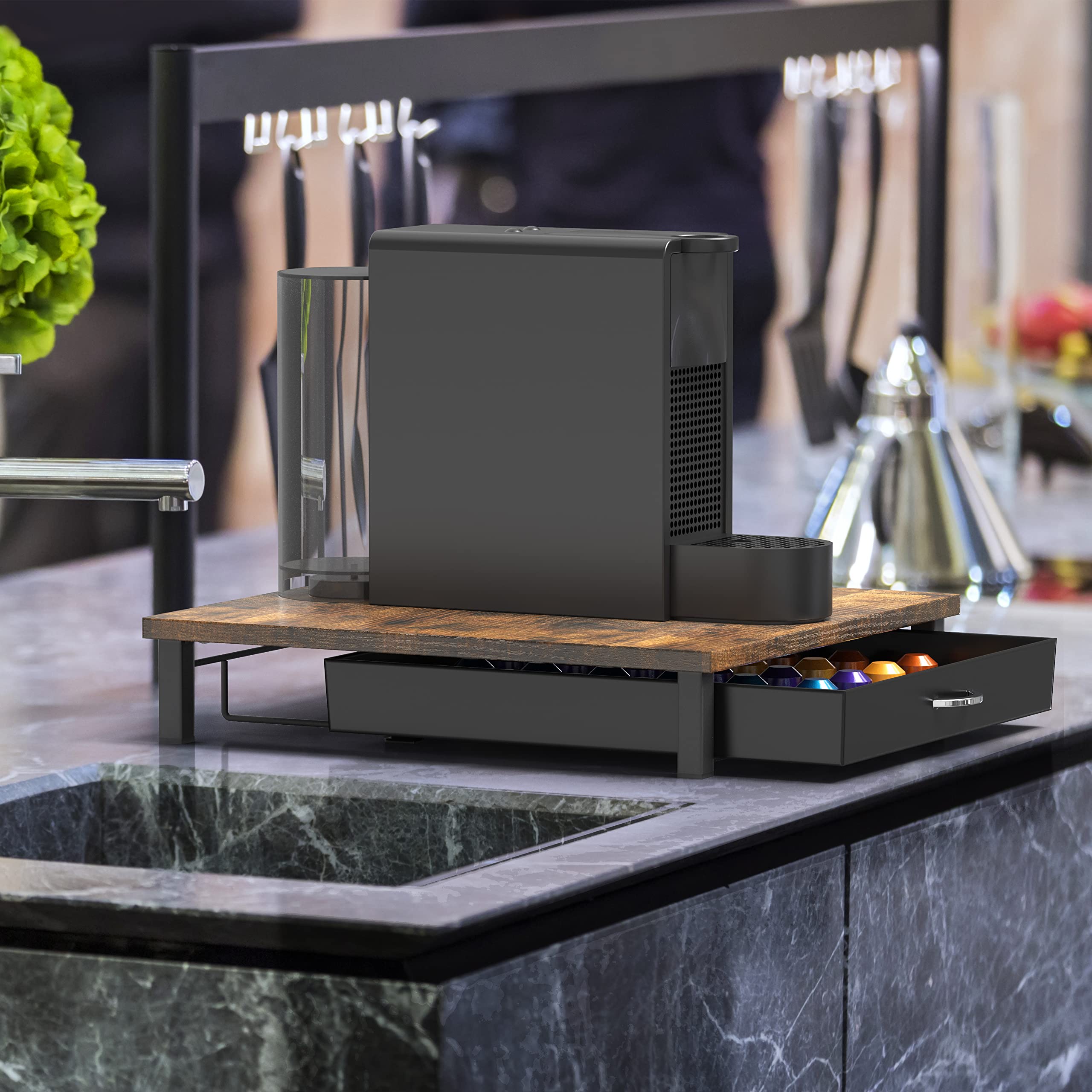 Deco Brothers wooden pod drawer on kitchen counter beside espresso machine.