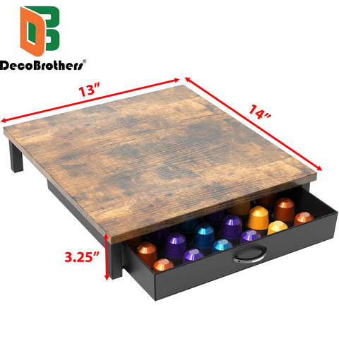Deco Brothers wooden pod drawer open with 42 capsules neatly arranged.