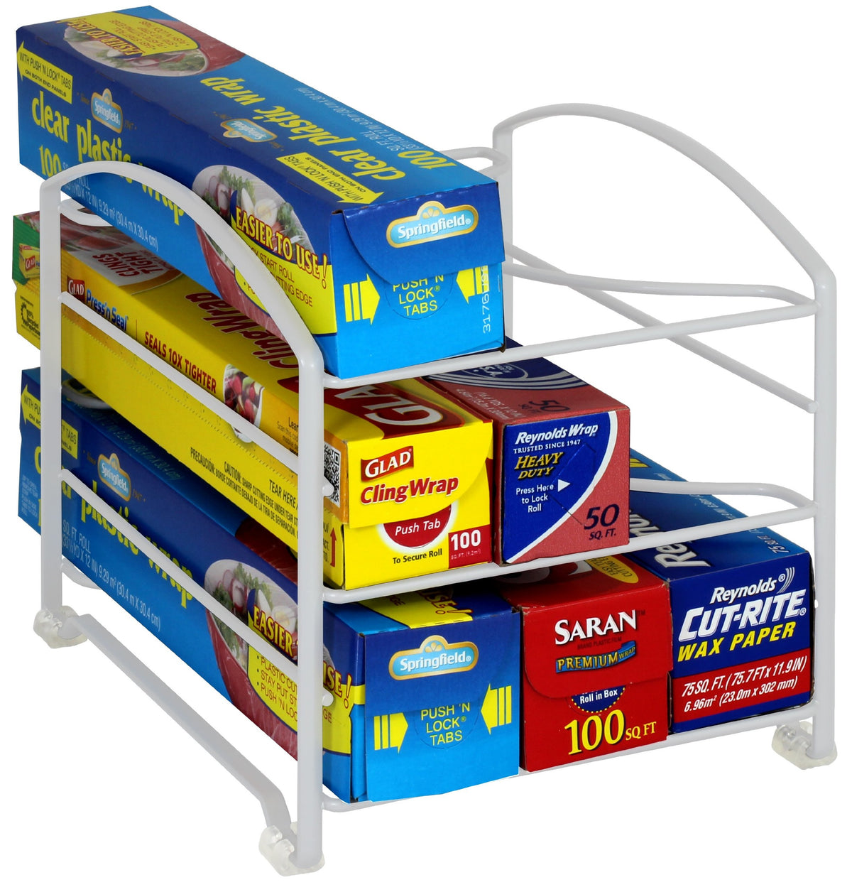 Deco Brothers wrap organizer rack in white for kitchen cabinets, neatly accessible.