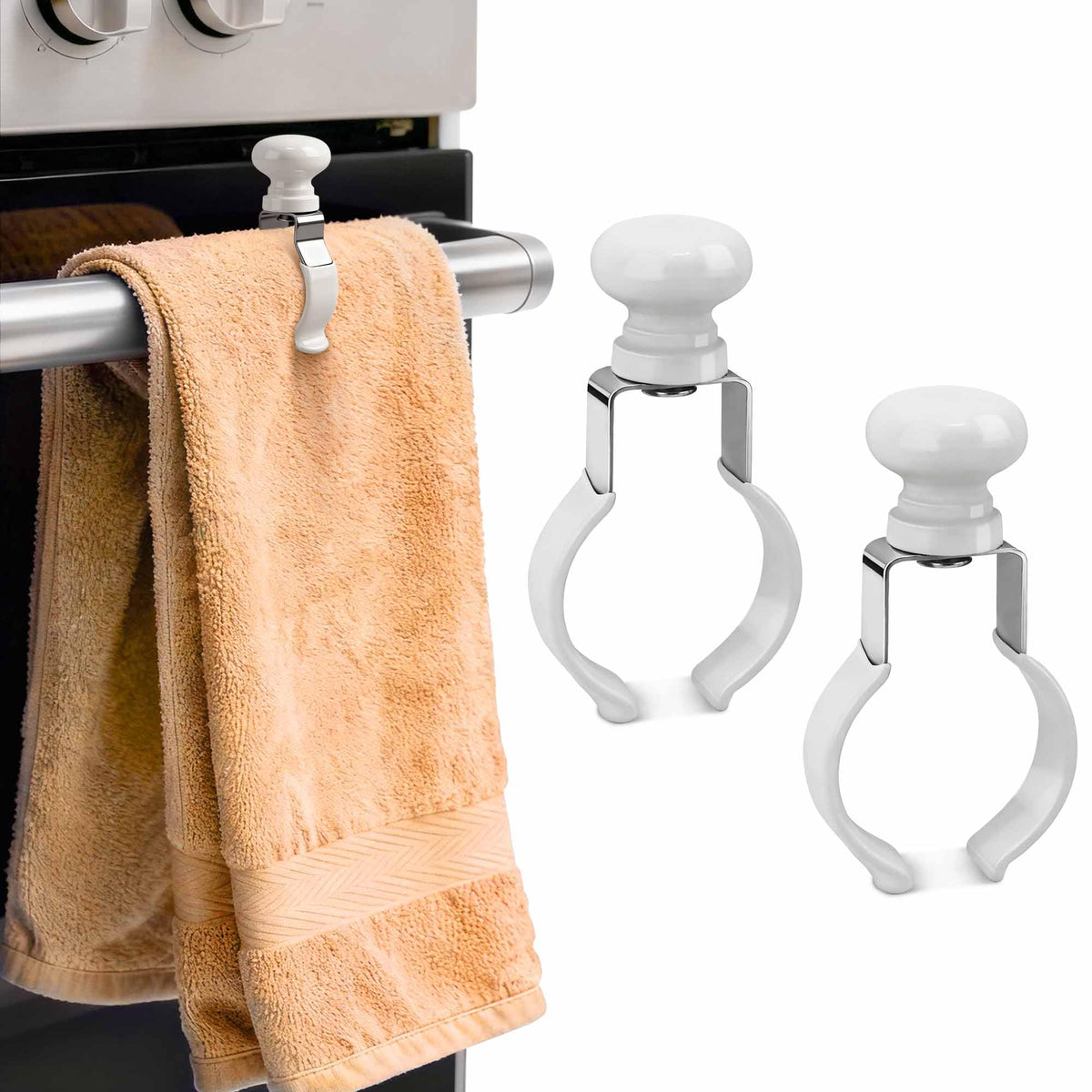 Decoeco towel clips steel close-up, holding towels securely near the oven
