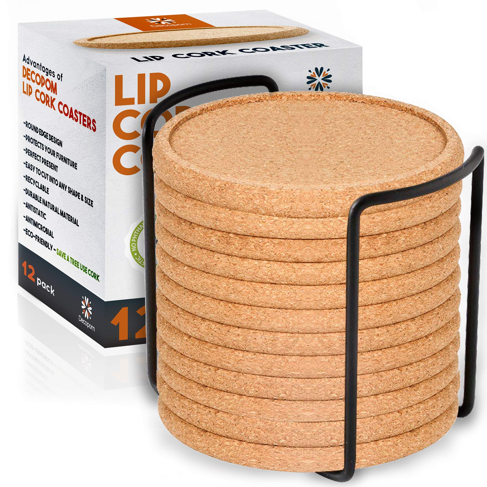 Decopom cork coaster with lip absorbs spills, protecting surfaces.