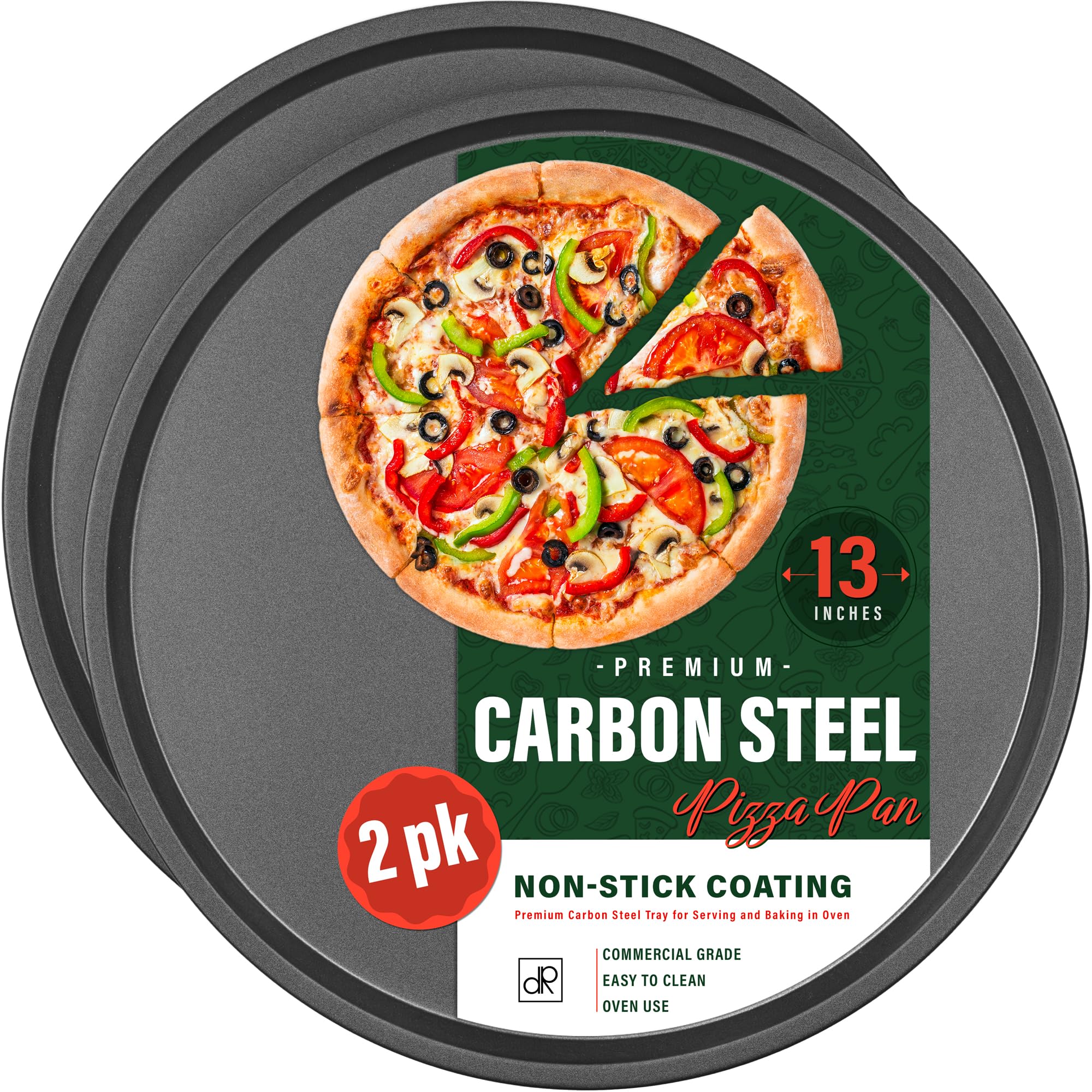 DecorRack 13-inch pizza pan front view showing sturdy carbon steel for even baking.