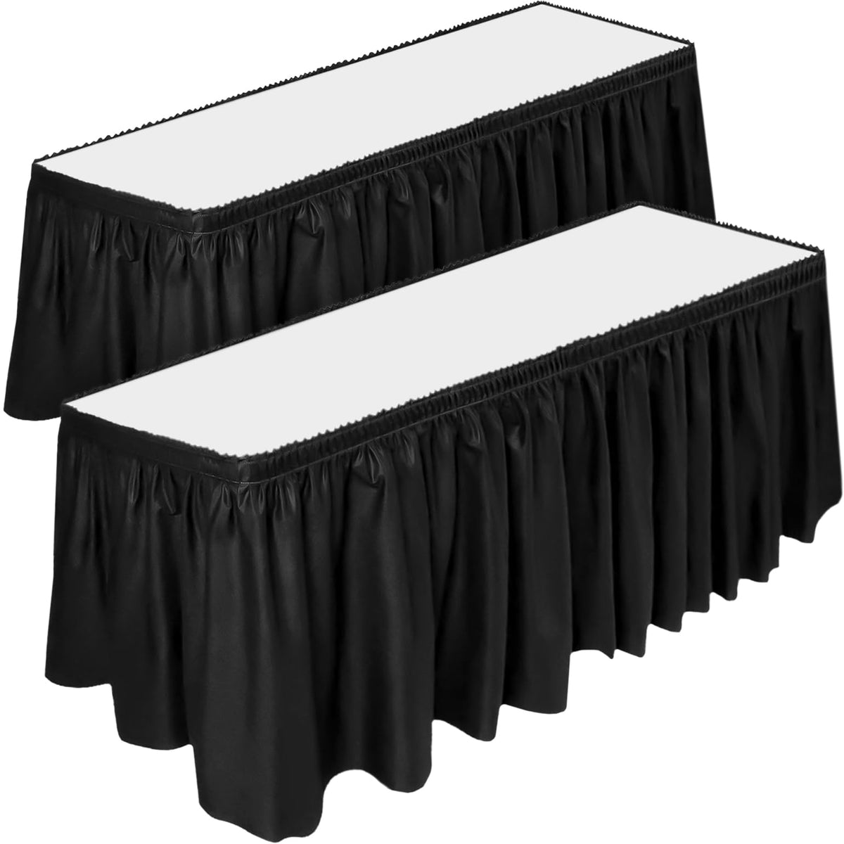 DecorRack black table skirt 2-pack on a setup table for a clean event look.