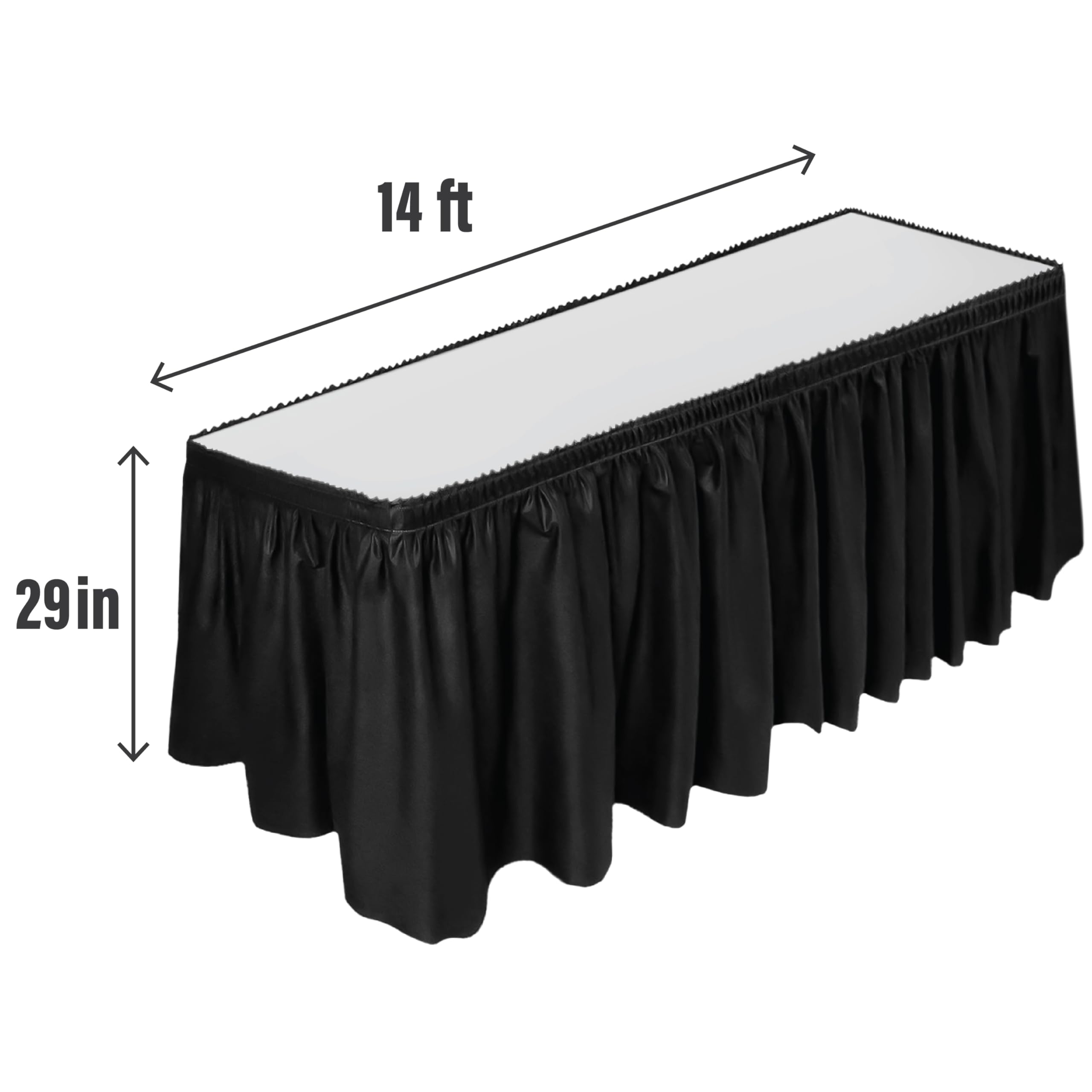 DecorRack BPA-free table skirt close-up shows adhesive backing for quick setup.