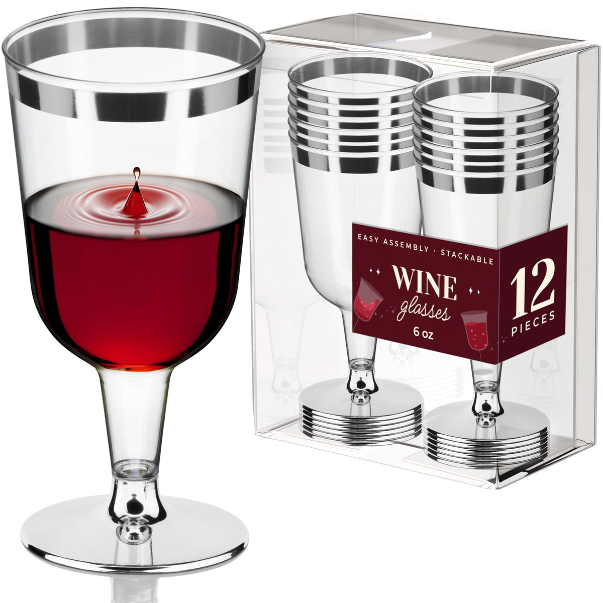DecorRack BPA-free 6 oz wine glass with clear plastic and silver rim for outdoor parties